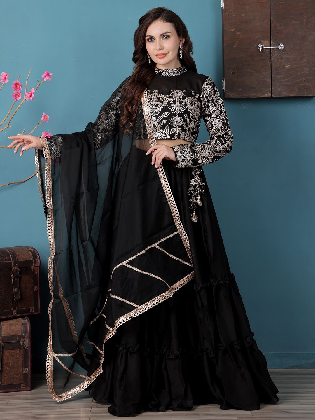 Ethnovog Embroidered Silk Organza Ready to Wear Lehenga & Blouse With Dupatta, Black
Ethnovog Embroidered Silk Organza Ready to Wear Lehenga & Blouse With Dupatta, Black