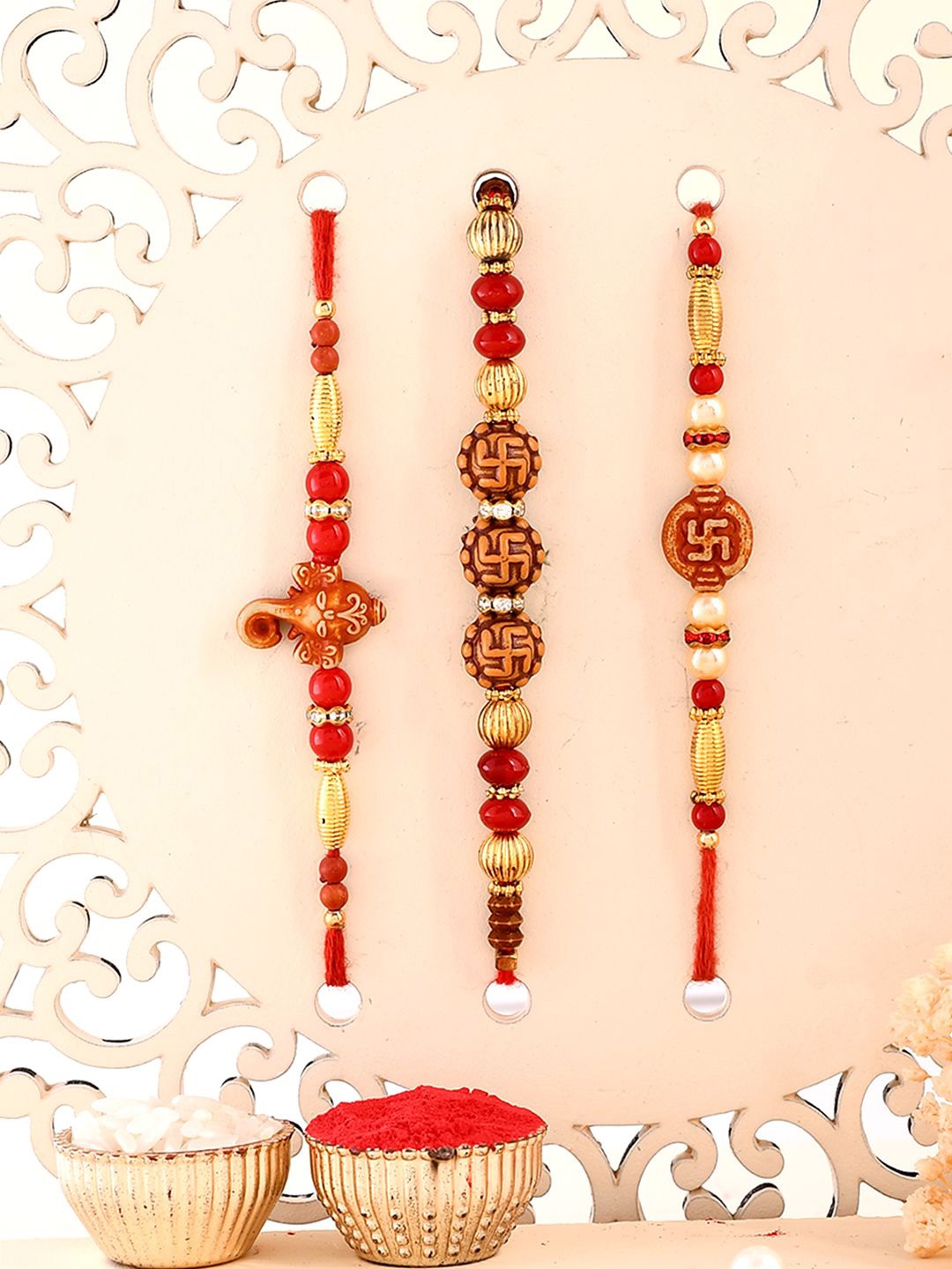 Aapno Rajasthan Set Of 3 Swastik Om & Ganesha Rakhi With Roli Chawal & Greeting Card, Gold
Aapno Rajasthan Set Of 3 Swastik Om & Ganesha Rakhi With Roli Chawal & Greeting Card, Gold