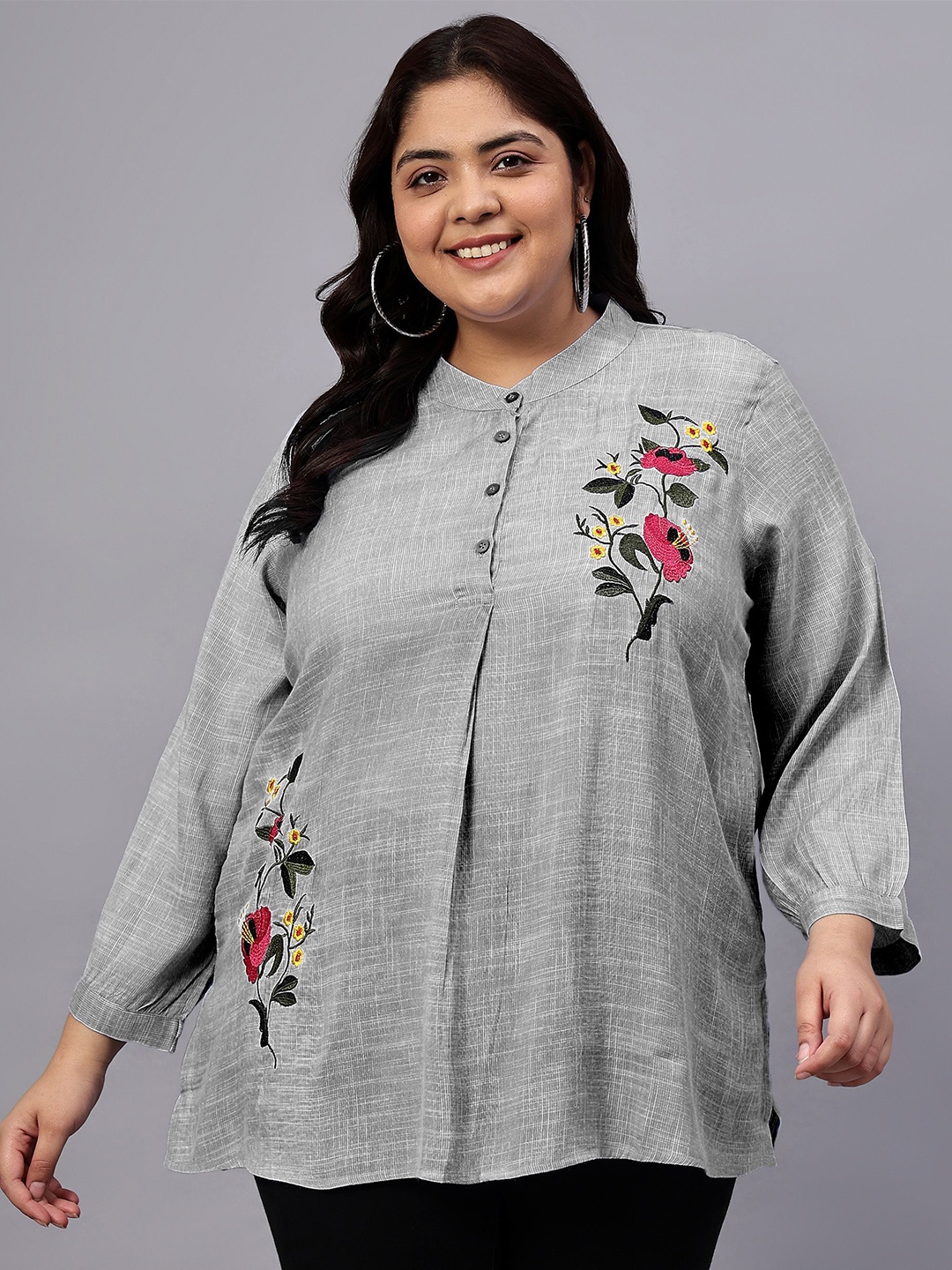 Indietoga Women Plus Size Floral Printed Embroidered Mandarin Collar Cotton Top, Grey
Indietoga Women Plus Size Floral Printed Embroidered Mandarin Collar Cotton Top, Grey