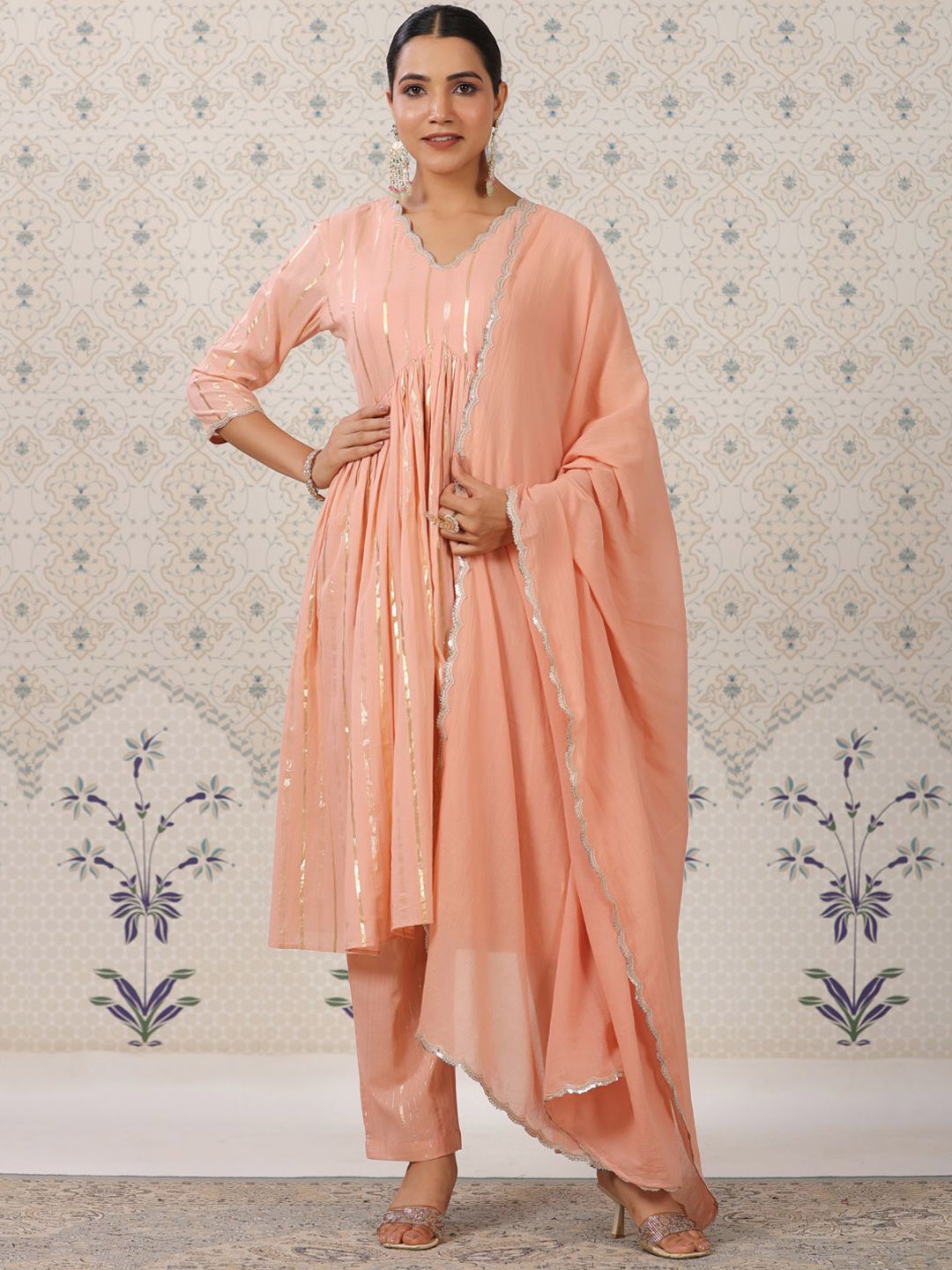 Ode by House of Pataudi Striped Pure Cotton Anarkali Kurta with Pyjamas & With Dupatta, Peach
Ode by House of Pataudi Striped Pure Cotton Anarkali Kurta with Pyjamas & With Dupatta, Peach