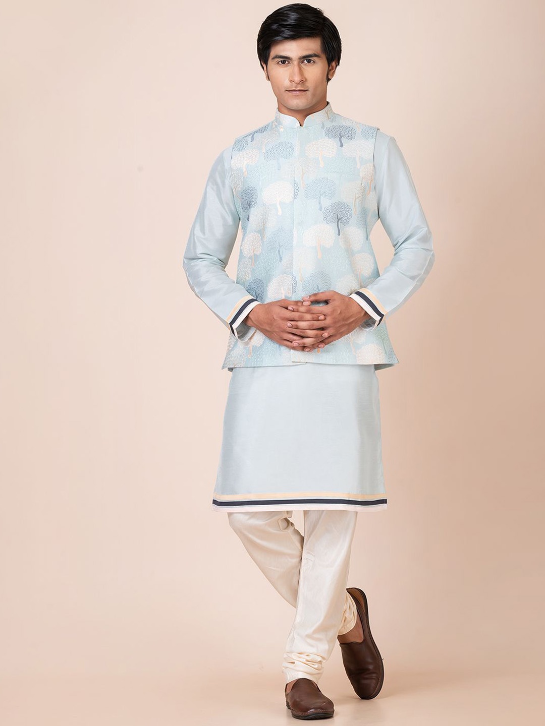 HU - Handcrafted Uniquely Mandarin Collar Straight Kurta with Churidar & Jacket, Blue
HU - Handcrafted Uniquely Mandarin Collar Straight Kurta with Churidar & Jacket, Blue