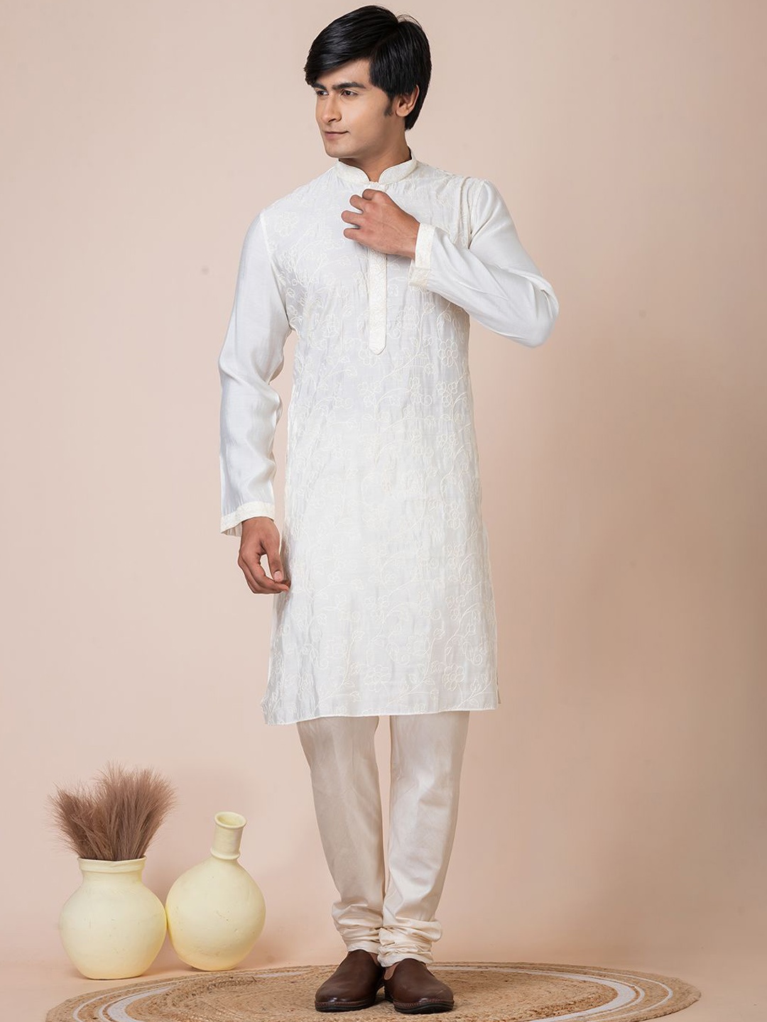 HU - Handcrafted Uniquely Floral Embroidered Thread Work Chanderi Silk Kurta with Churidar, Off white
HU - Handcrafted Uniquely Floral Embroidered Thread Work Chanderi Silk Kurta with Churidar, Off white
