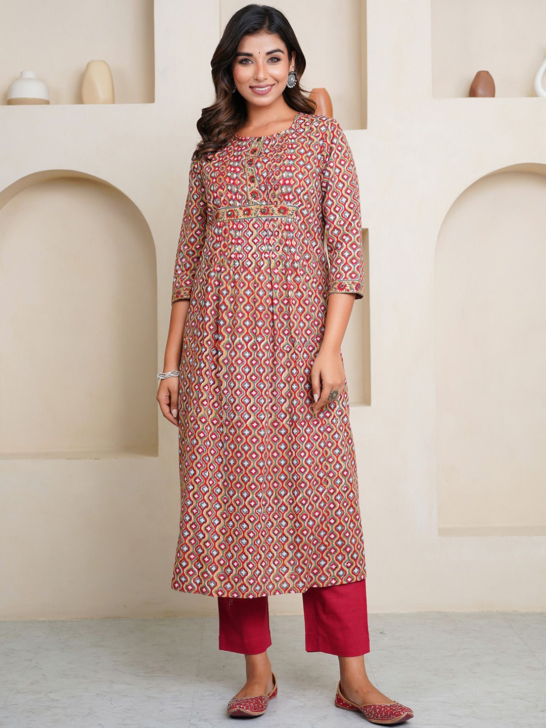 JAIPURIBANNO Geometric Printed Round Neck Mirror Work Pure Cotton Straight Kurta, Red
JAIPURIBANNO Geometric Printed Round Neck Mirror Work Pure Cotton Straight Kurta, Red