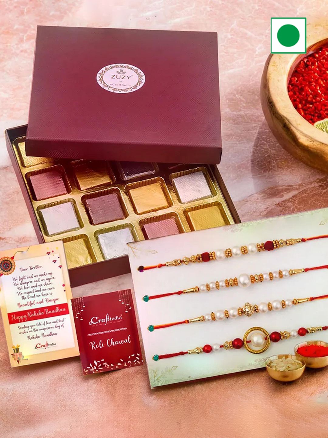 eCraftIndia Set of 5 Pearl Rakhis With Zuzy Assorted Chocolate Box 16 Pieces & Roli Chawal, Maroon
eCraftIndia Set of 5 Pearl Rakhis With Zuzy Assorted Chocolate Box 16 Pieces & Roli Chawal, Maroon
