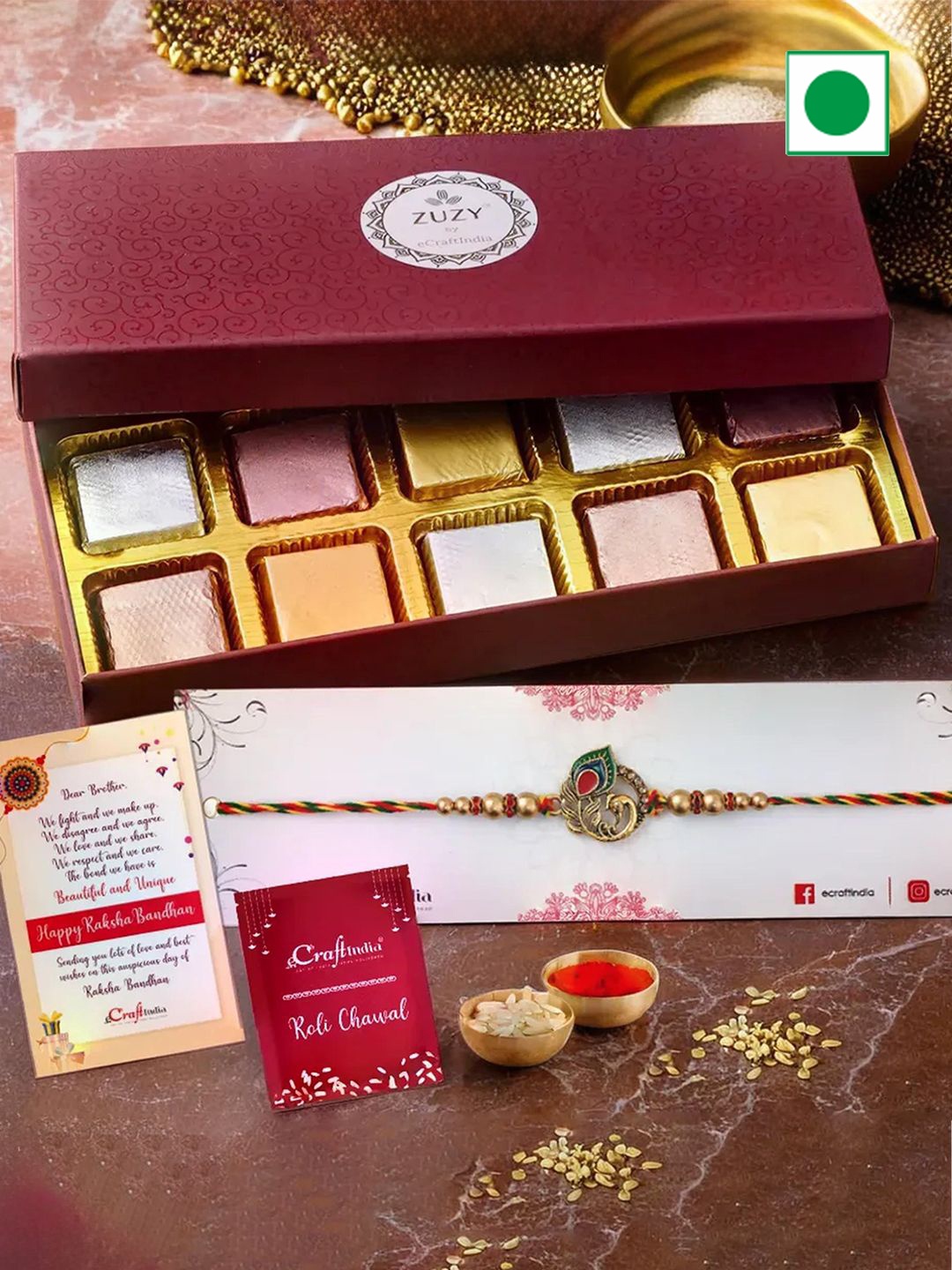 eCraftIndia Religious Rakhis With Zuzy Chocolate Gift Box and Roli Chawal Pack, Gold
eCraftIndia Religious Rakhis With Zuzy Chocolate Gift Box and Roli Chawal Pack, Gold