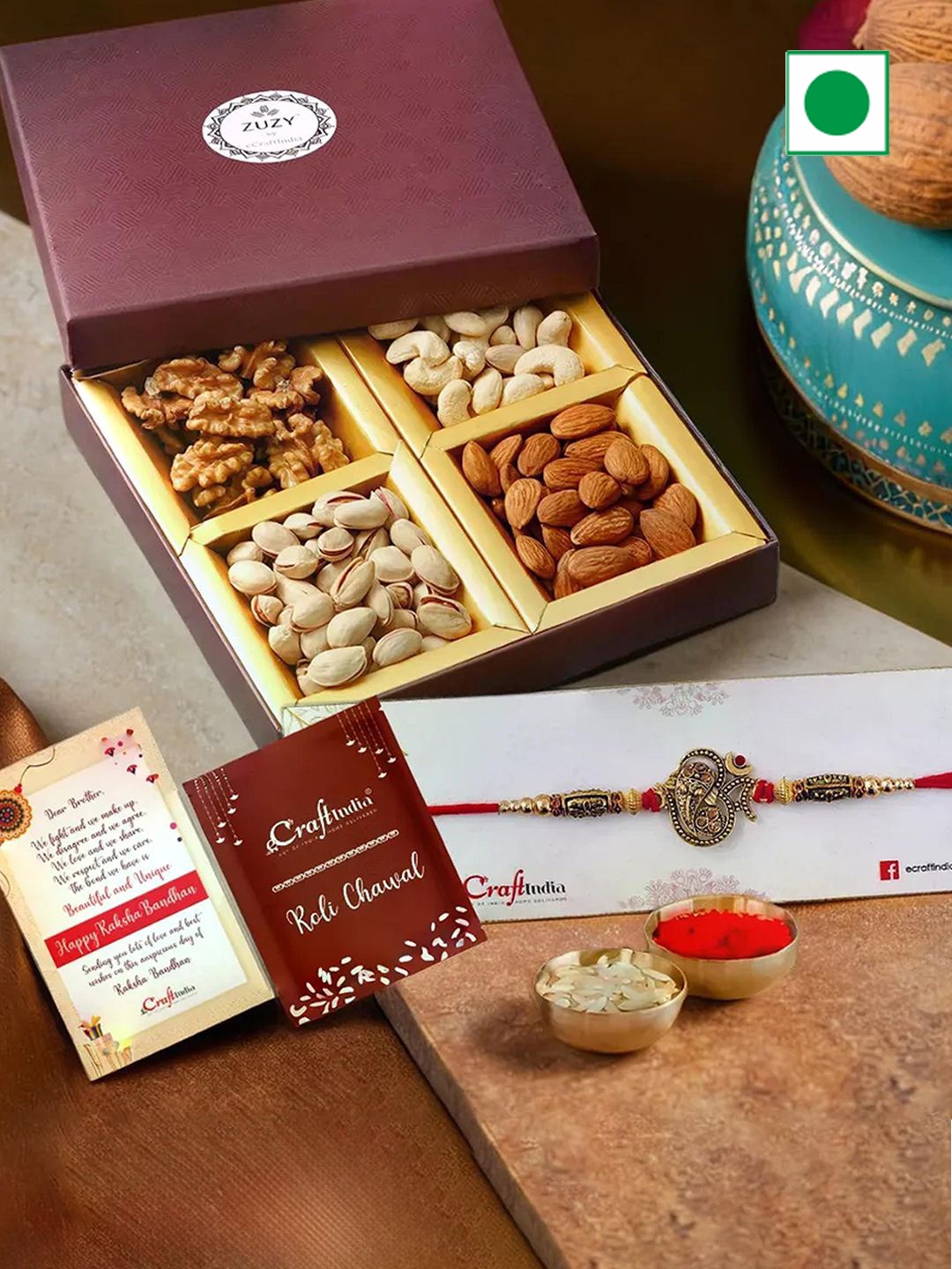 eCraftIndia Set of 2 Om Religious Rakhi With Dry Fruit Box and Roli Chawal Pack, Gold
eCraftIndia Set of 2 Om Religious Rakhi With Dry Fruit Box and Roli Chawal Pack, Gold