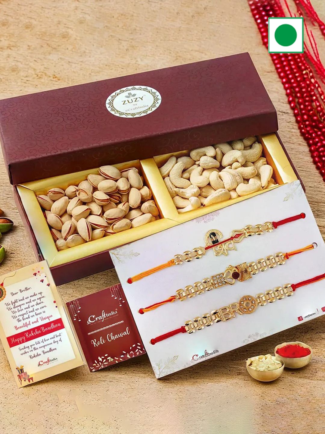 eCraftIndia Set of 4 Designer Rakhis With Dried Fruit Box and Roli Chawal Pack, Red
eCraftIndia Set of 4 Designer Rakhis With Dried Fruit Box and Roli Chawal Pack, Red