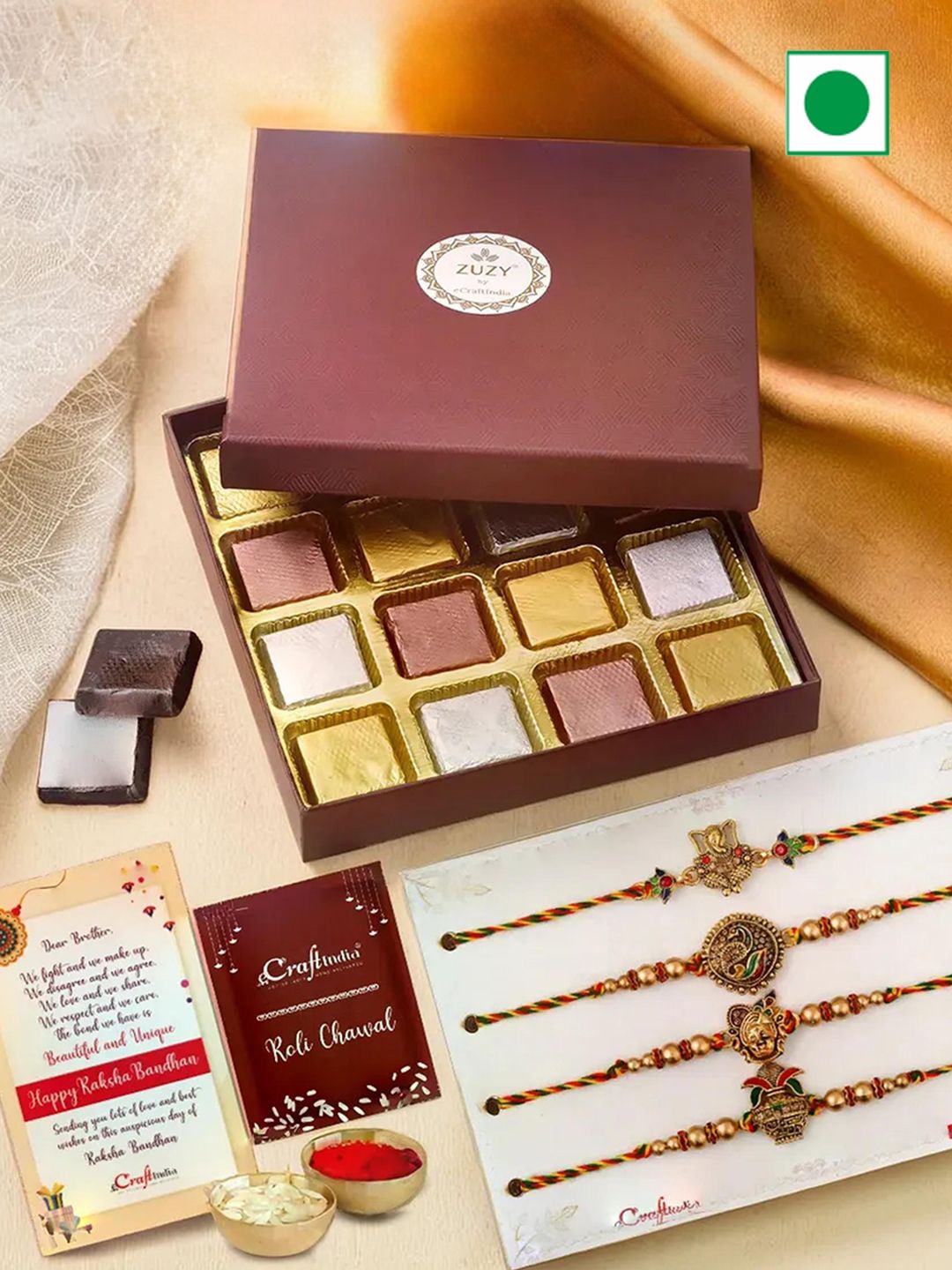 eCraftIndia Set of 5 Rakhis With Zuzy Assorted Chocolate Gift Box 16 Pieces & Roli Chawal, Gold
eCraftIndia Set of 5 Rakhis With Zuzy Assorted Chocolate Gift Box 16 Pieces & Roli Chawal, Gold