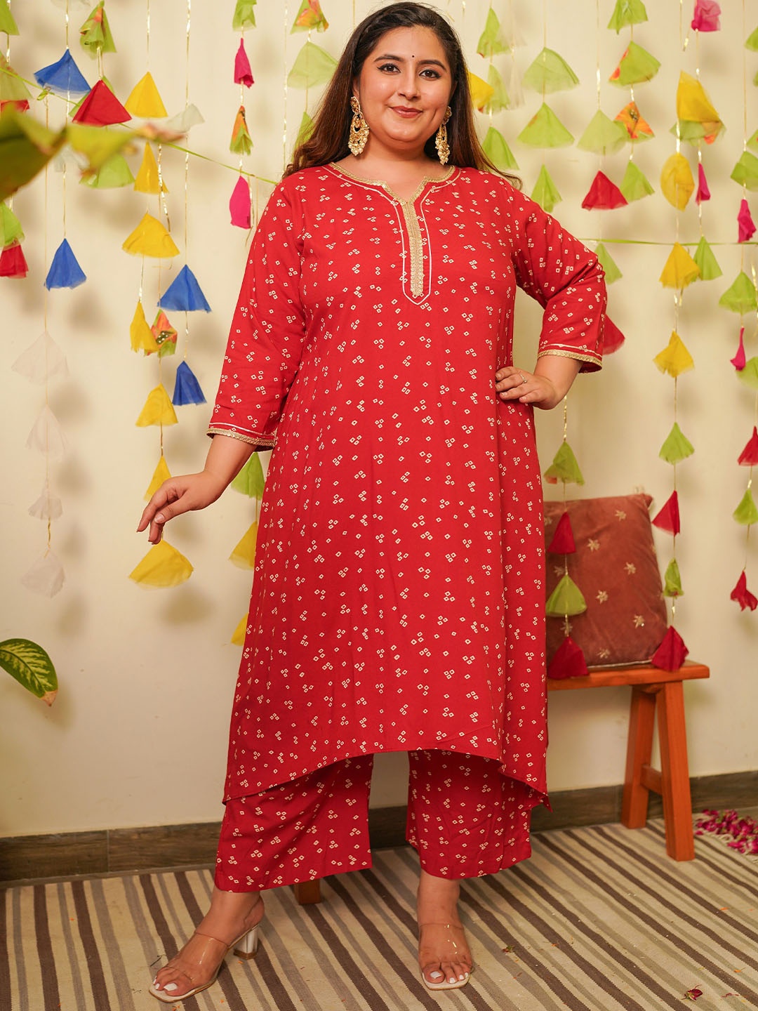 NANGALIA RUCHIRA Bandhani Printed Regular Gotta Patti Straight Kurta With Palazzos, Red
NANGALIA RUCHIRA Bandhani Printed Regular Gotta Patti Straight Kurta With Palazzos, Red