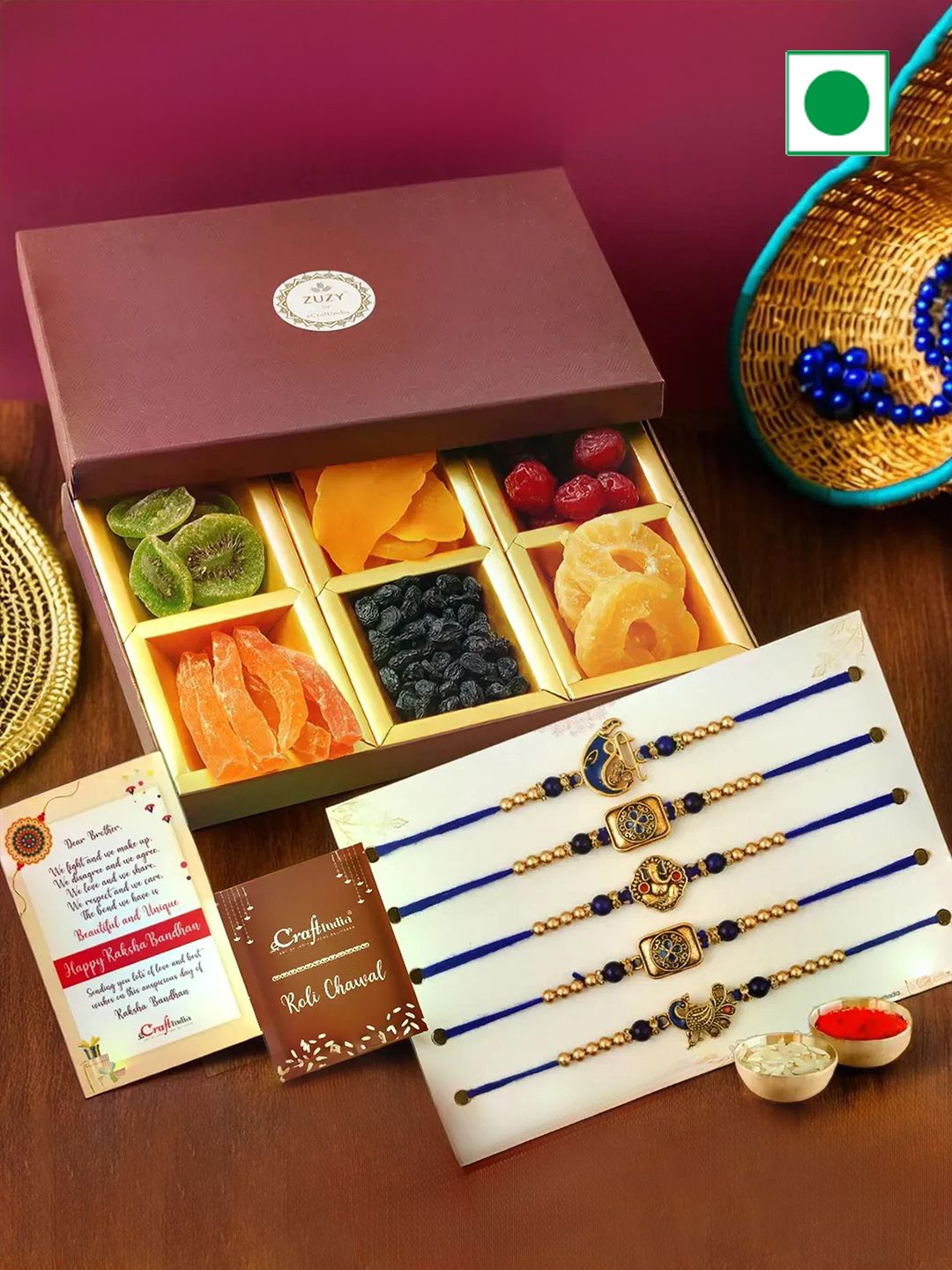 eCraftIndia Set of 6 Designer Rakhis With Zuzy Sun Dried Fruit Gift Box and Roli Chawal, Gold
eCraftIndia Set of 6 Designer Rakhis With Zuzy Sun Dried Fruit Gift Box and Roli Chawal, Gold