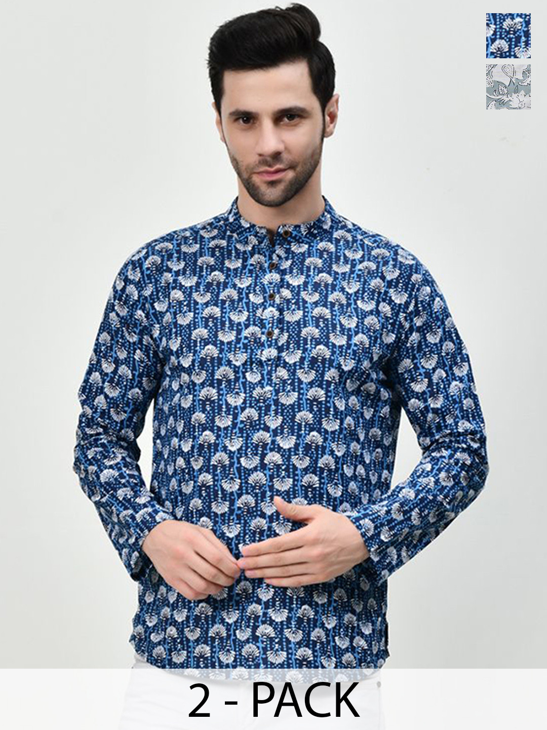 BAESD Selection Of 2 Floral Printed Band Collar Pure Cotton Straight Kurta, Blue 
BAESD Selection Of 2 Floral Printed Band Collar Pure Cotton Straight Kurta, Blue