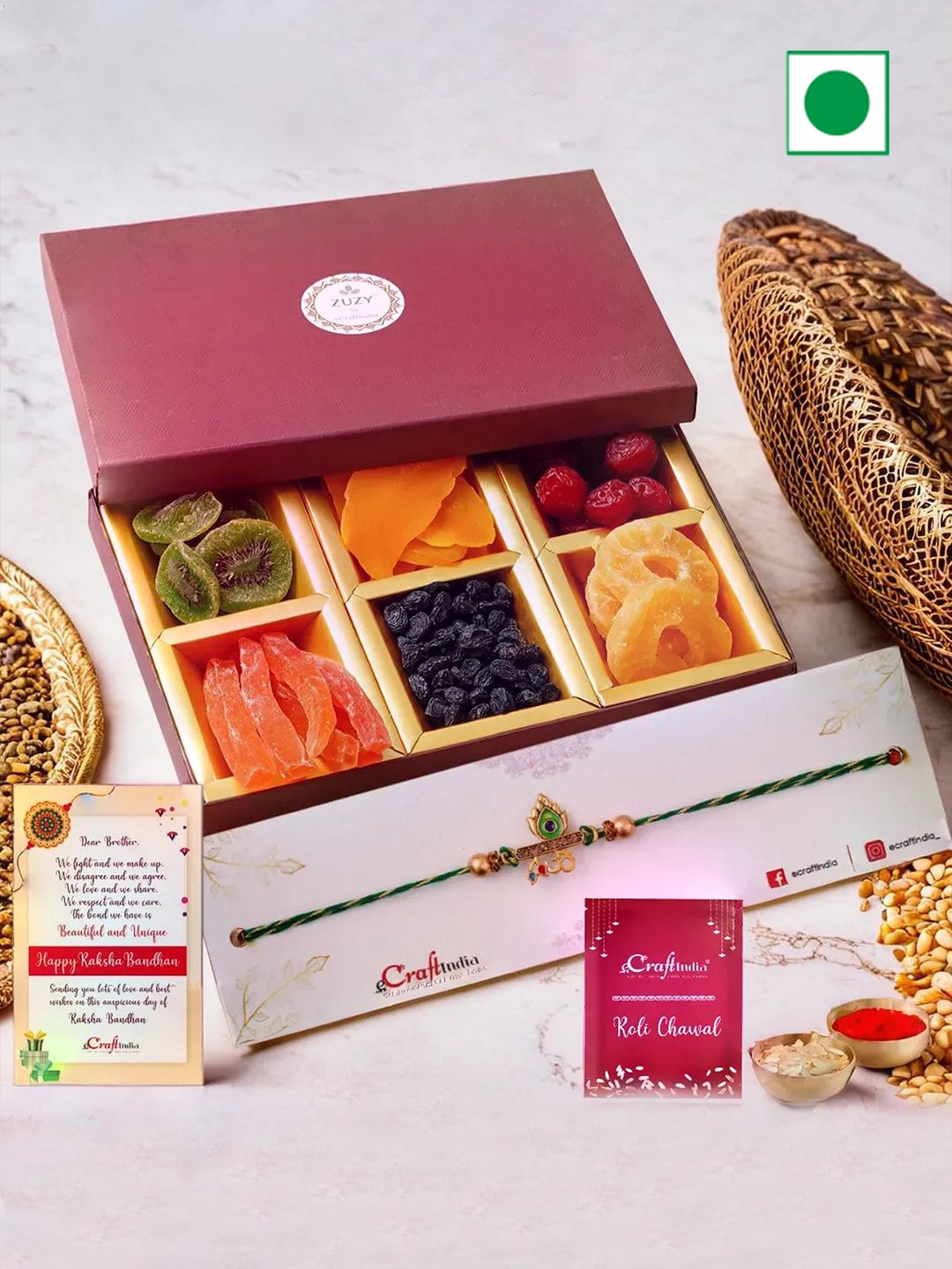 eCraftIndia Religious Rakhis With Zuzy Dried Fruit Gift Box and Roli Chawal Pack, Gold
eCraftIndia Religious Rakhis With Zuzy Dried Fruit Gift Box and Roli Chawal Pack, Gold