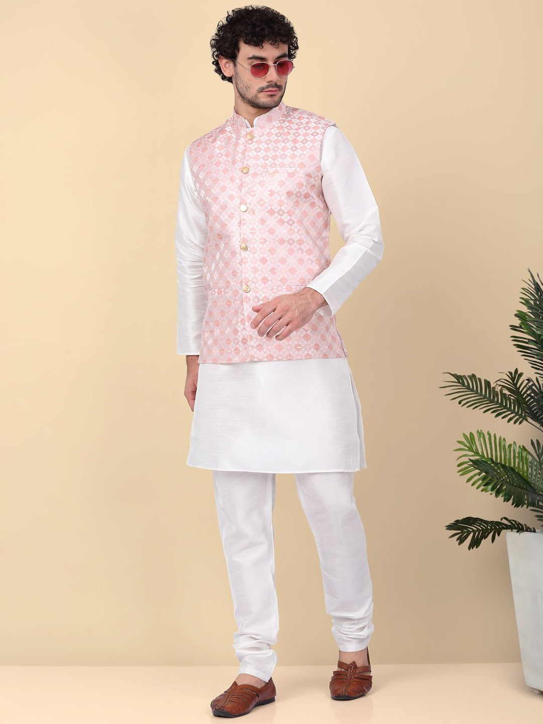 KRAFT INDIA Sequinned Woven Design Straight Kurta With Churidar & Nehru Jacket, Cream
KRAFT INDIA Sequinned Woven Design Straight Kurta With Churidar & Nehru Jacket, Cream