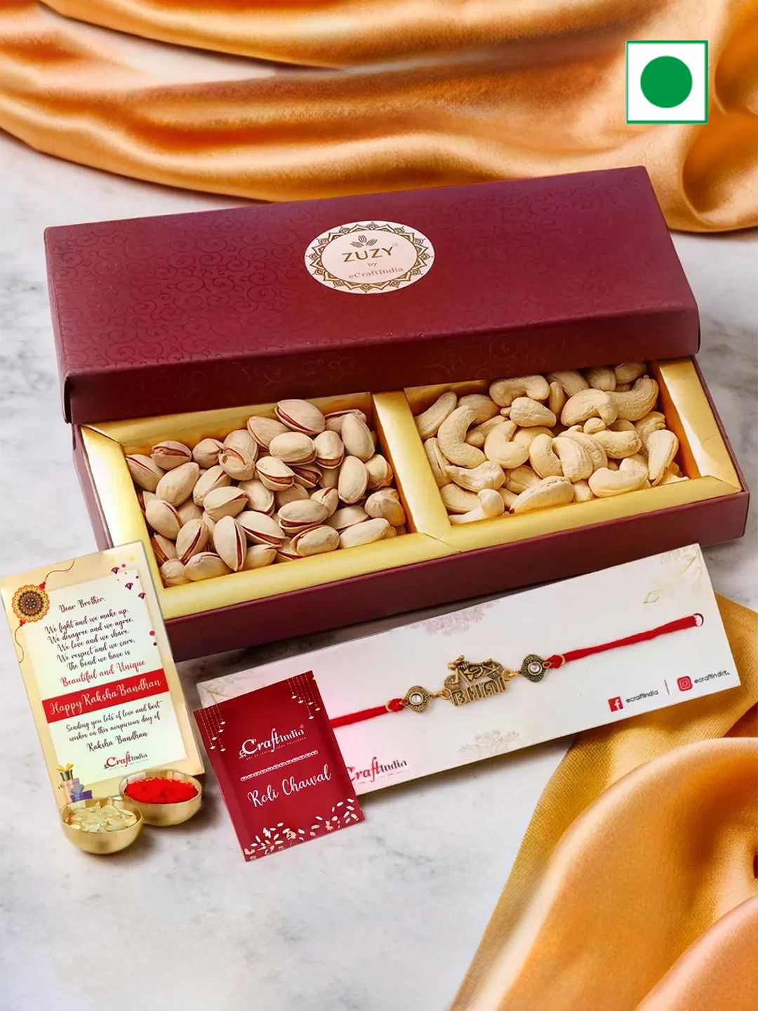 eCraftIndia Religious Rakhis With Zuzy Dried Fruit Gift Box and Roli Chawal Pack, White
eCraftIndia Religious Rakhis With Zuzy Dried Fruit Gift Box and Roli Chawal Pack, White