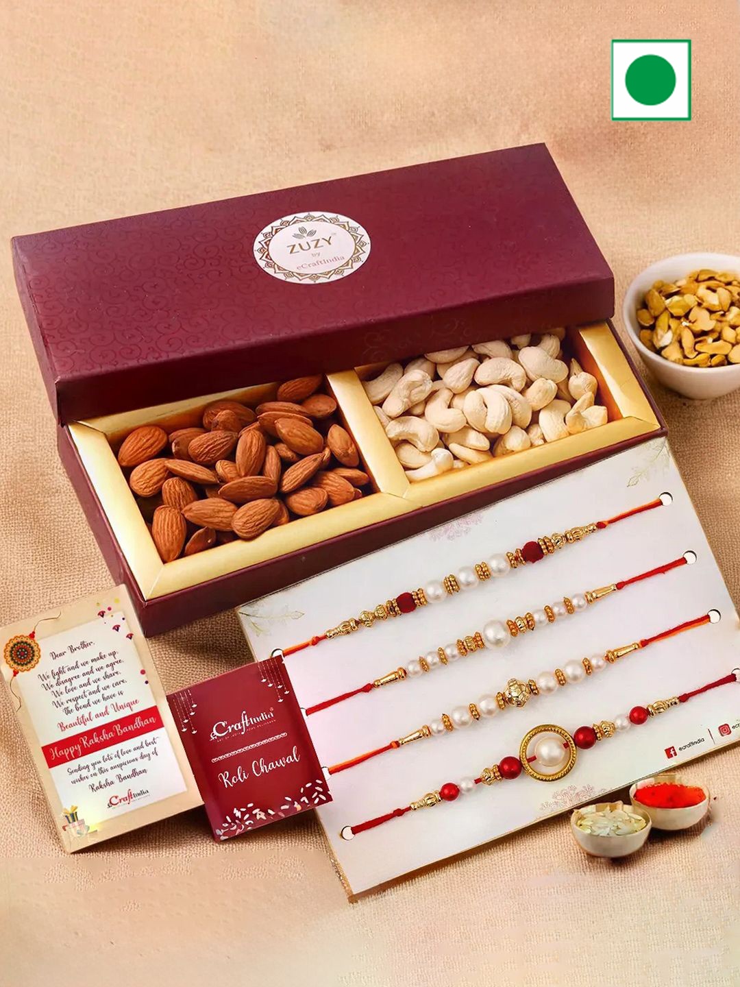 eCraftIndia Set of 5 Pearl Rakhis With Zuzy Cashew & Almonds Dry Fruit Box and Roli Chawal, Gold
eCraftIndia Set of 5 Pearl Rakhis With Zuzy Cashew & Almonds Dry Fruit Box and Roli Chawal, Gold