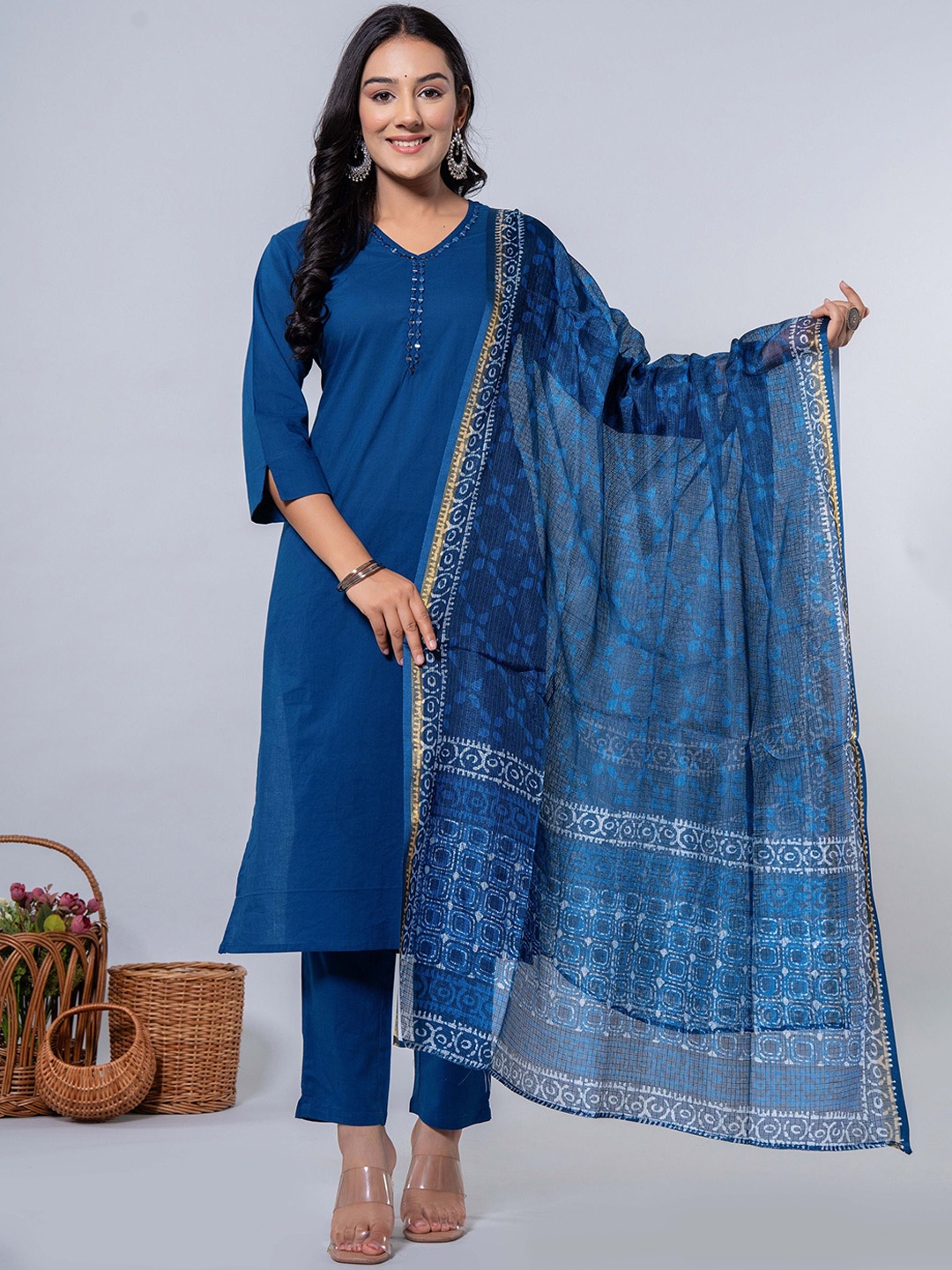 ADAA JAIPUR V-Neck Regular Mirror Work Pure Cotton Straight Kurta With Trousers & Dupatta, Blue
ADAA JAIPUR V-Neck Regular Mirror Work Pure Cotton Straight Kurta With Trousers & Dupatta, Blue