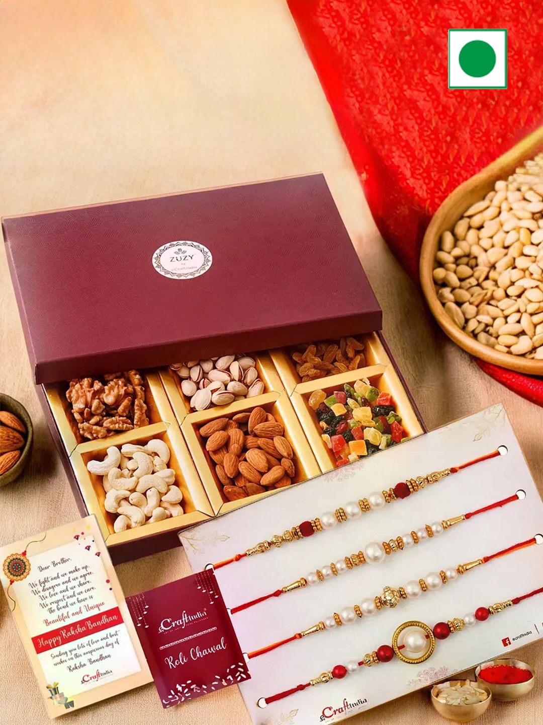 eCraftIndia Set of 5 Designer Rakhis With Zuzy Dried Fruit Box and Roli Chawal Pack, Red
eCraftIndia Set of 5 Designer Rakhis With Zuzy Dried Fruit Box and Roli Chawal Pack, Red