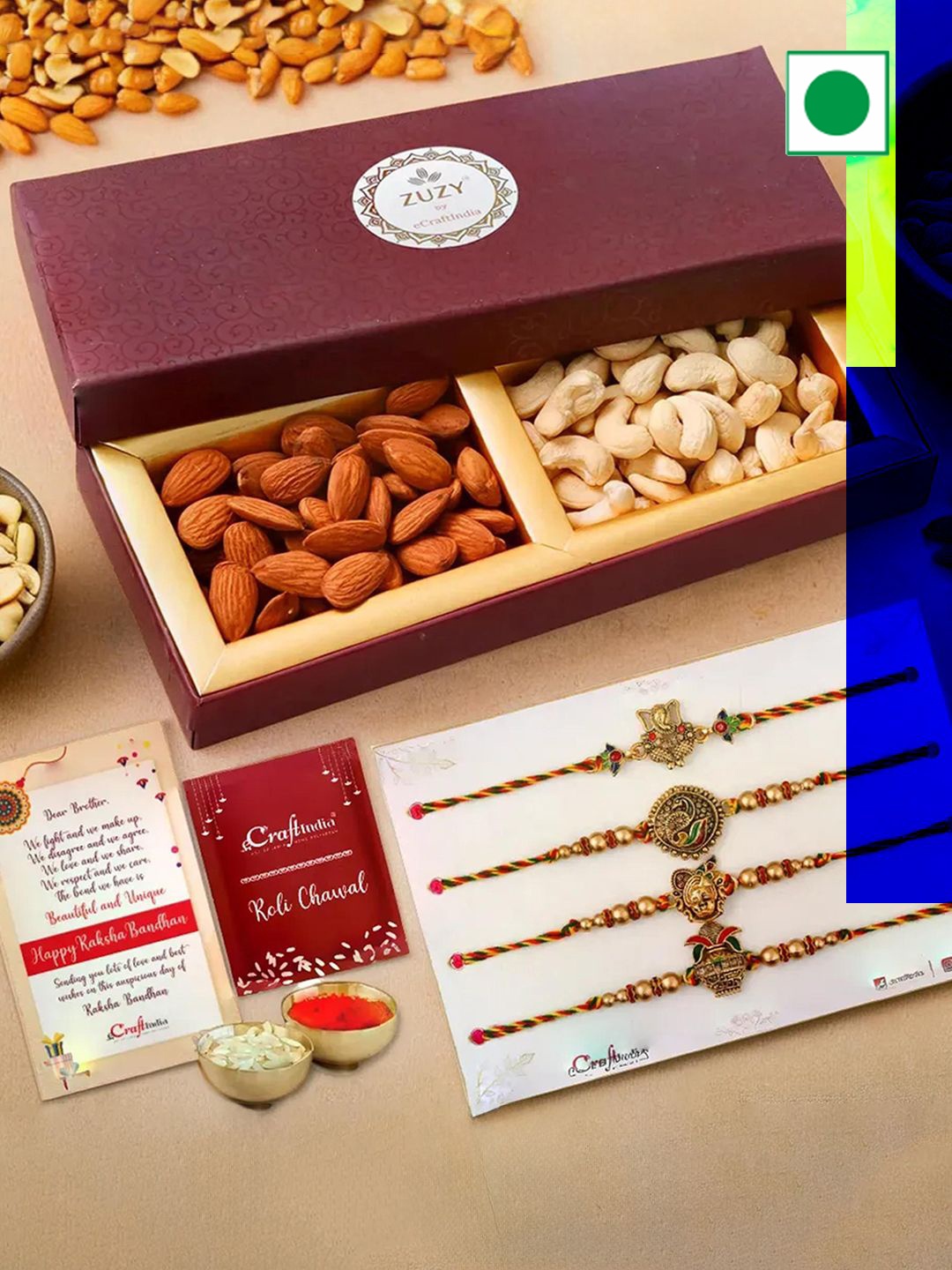 eCraftIndia Set of 5 Religious Rakhis With Zuzy Cashew & Almonds Dry Fruits & Roli Chawal, Gold
eCraftIndia Set of 5 Religious Rakhis With Zuzy Cashew & Almonds Dry Fruits & Roli Chawal, Gold