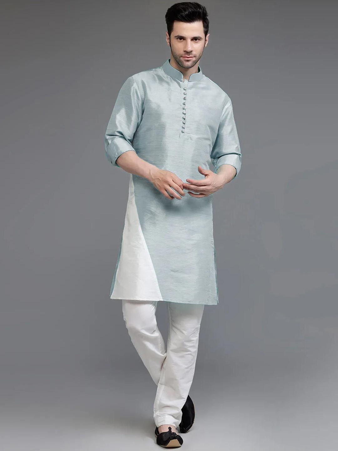 Utsav Fashion Colourblocked Mandarin Collar Dupion Silk Straight Kurta With Trousers, Grey
Utsav Fashion Colourblocked Mandarin Collar Dupion Silk Straight Kurta With Trousers, Grey