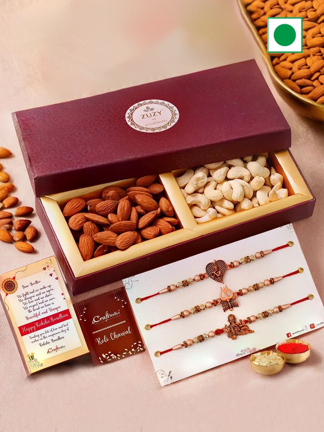 eCraftIndia Set of 4 Designer Rakhis With Zuzy Dried Fruit Box and Roli Chawal Pack, Gold
eCraftIndia Set of 4 Designer Rakhis With Zuzy Dried Fruit Box and Roli Chawal Pack, Gold