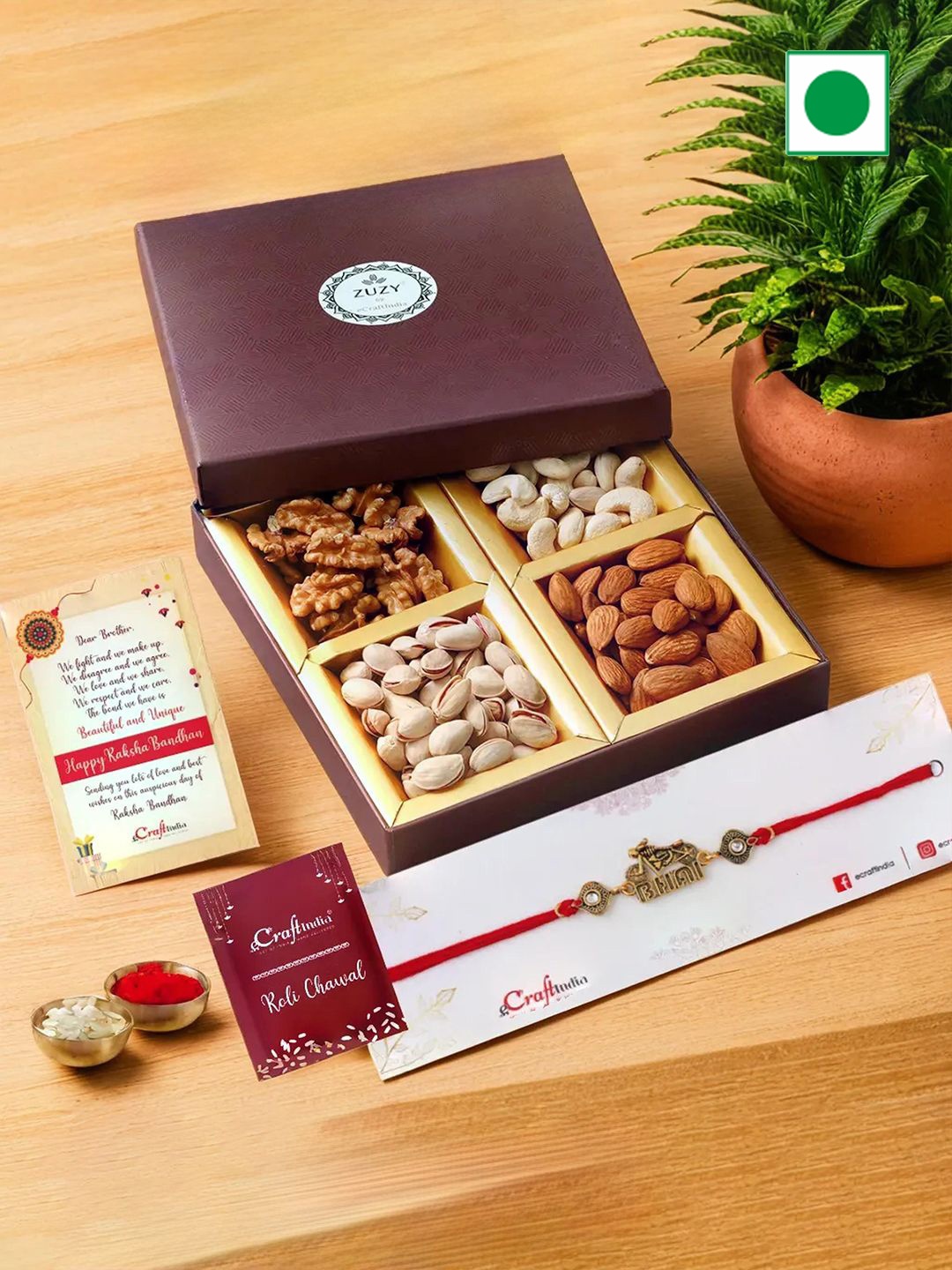 eCraftIndia Religious Rakhis With Zuzy Sun Dried Fruit Gift Box and Roli Chawal Pack, Gold
eCraftIndia Religious Rakhis With Zuzy Sun Dried Fruit Gift Box and Roli Chawal Pack, Gold