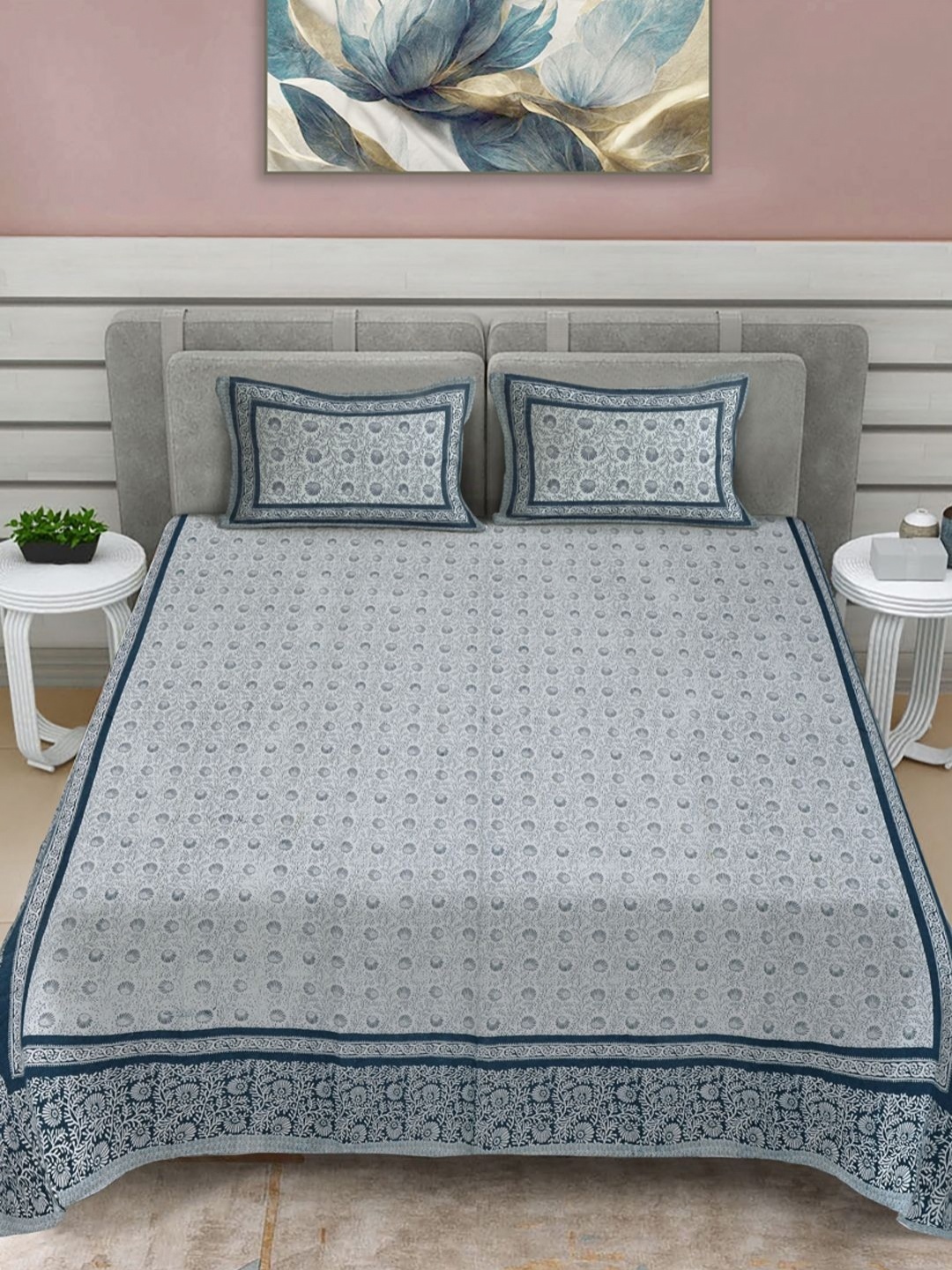 FABINALIV Blue & Grey Floral Print Pure Cotton King Size Bedsheet & 2 Pillow Covers
FABINALIV Blue & Grey Floral Print Pure Cotton King Size Bedsheet & 2 Pillow Covers