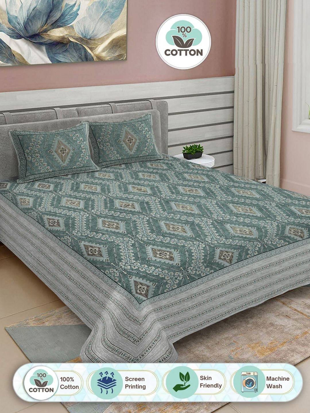 FABINALIV Green & Grey Floral Print Pure Cotton King Size Bedsheet & 2 Pillow Covers
FABINALIV Green & Grey Floral Print Pure Cotton King Size Bedsheet & 2 Pillow Covers
