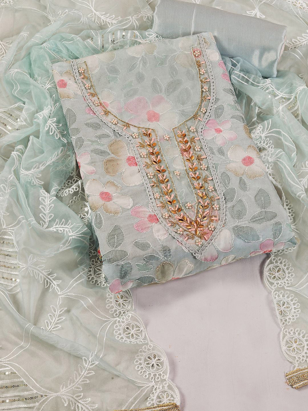 KALINI Beads & Stones Embellished Embroidered Organza Unstitched Dress Material, Blue
KALINI Beads & Stones Embellished Embroidered Organza Unstitched Dress Material, Blue