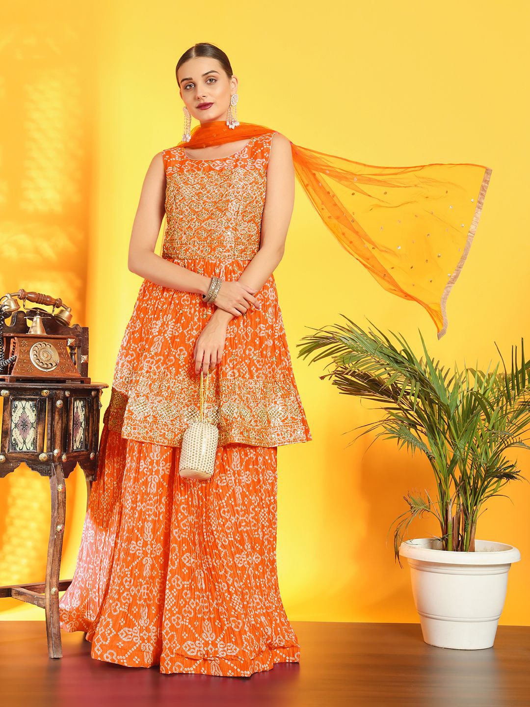 Chhabra 555 Bandhani Printed Embroidered Sequinned Peplum Kurta Lehenga With Dupatta, Orange
Chhabra 555 Bandhani Printed Embroidered Sequinned Peplum Kurta Lehenga With Dupatta, Orange