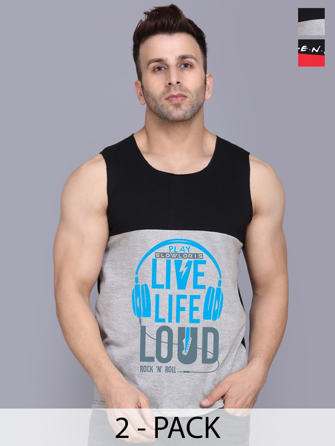 SLOWLORIS Pack Of 2 Printed Gym Innerwear Vests SL26 COMBO (LOUD BLKGRY) (FRD BLKRED), Black
SLOWLORIS Pack Of 2 Printed Gym Innerwear Vests SL26 COMBO (LOUD BLKGRY) (FRD BLKRED), Black