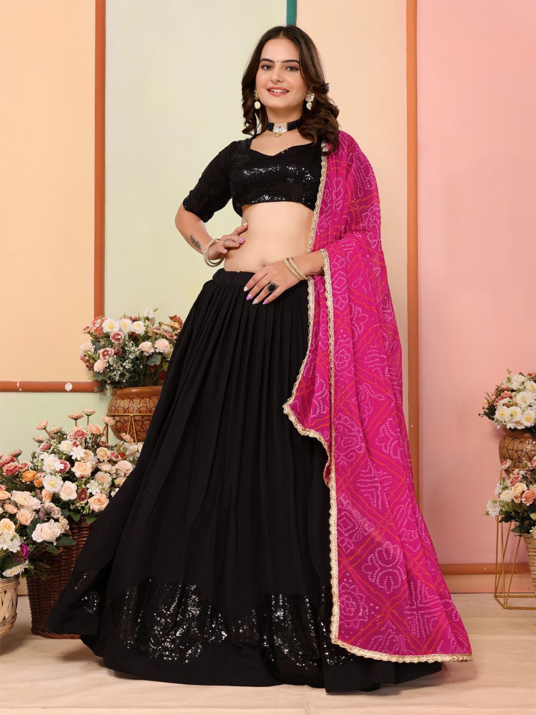 VAIRAGEE Embellished Sequinned Ready to Wear Lehenga & Unstitched Blouse With Dupatta, Black
VAIRAGEE Embellished Sequinned Ready to Wear Lehenga & Unstitched Blouse With Dupatta, Black
