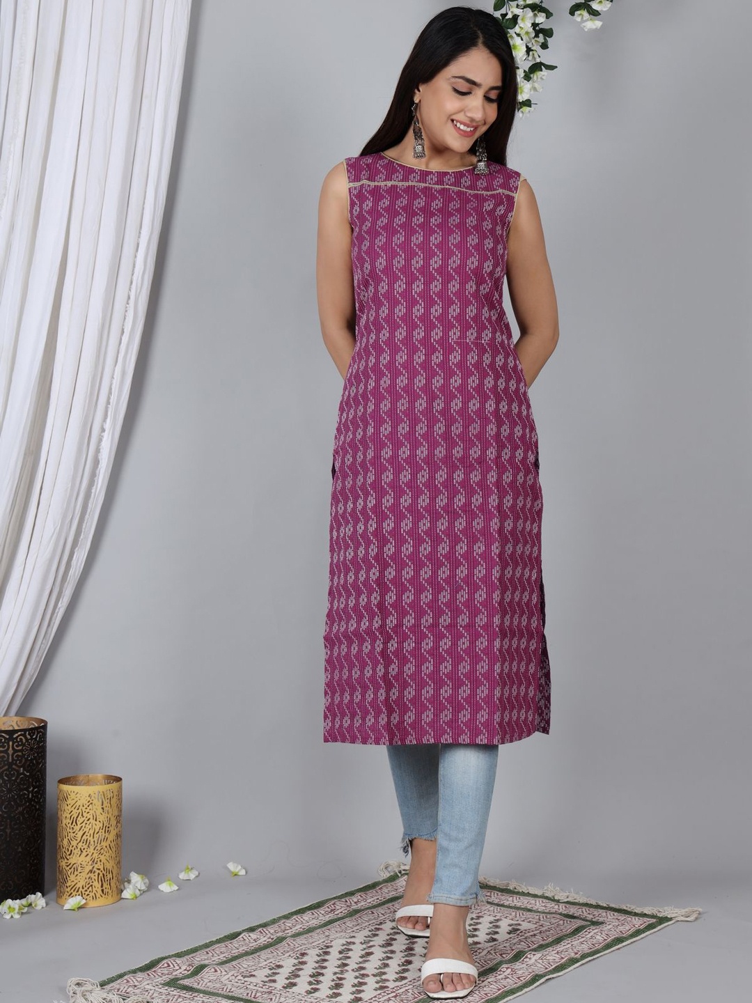 Shiv ali apparels Geometric Woven Design Thread Work Sleeveless Cotton Straight Kurta, Violet
Shiv ali apparels Geometric Woven Design Thread Work Sleeveless Cotton Straight Kurta, Violet