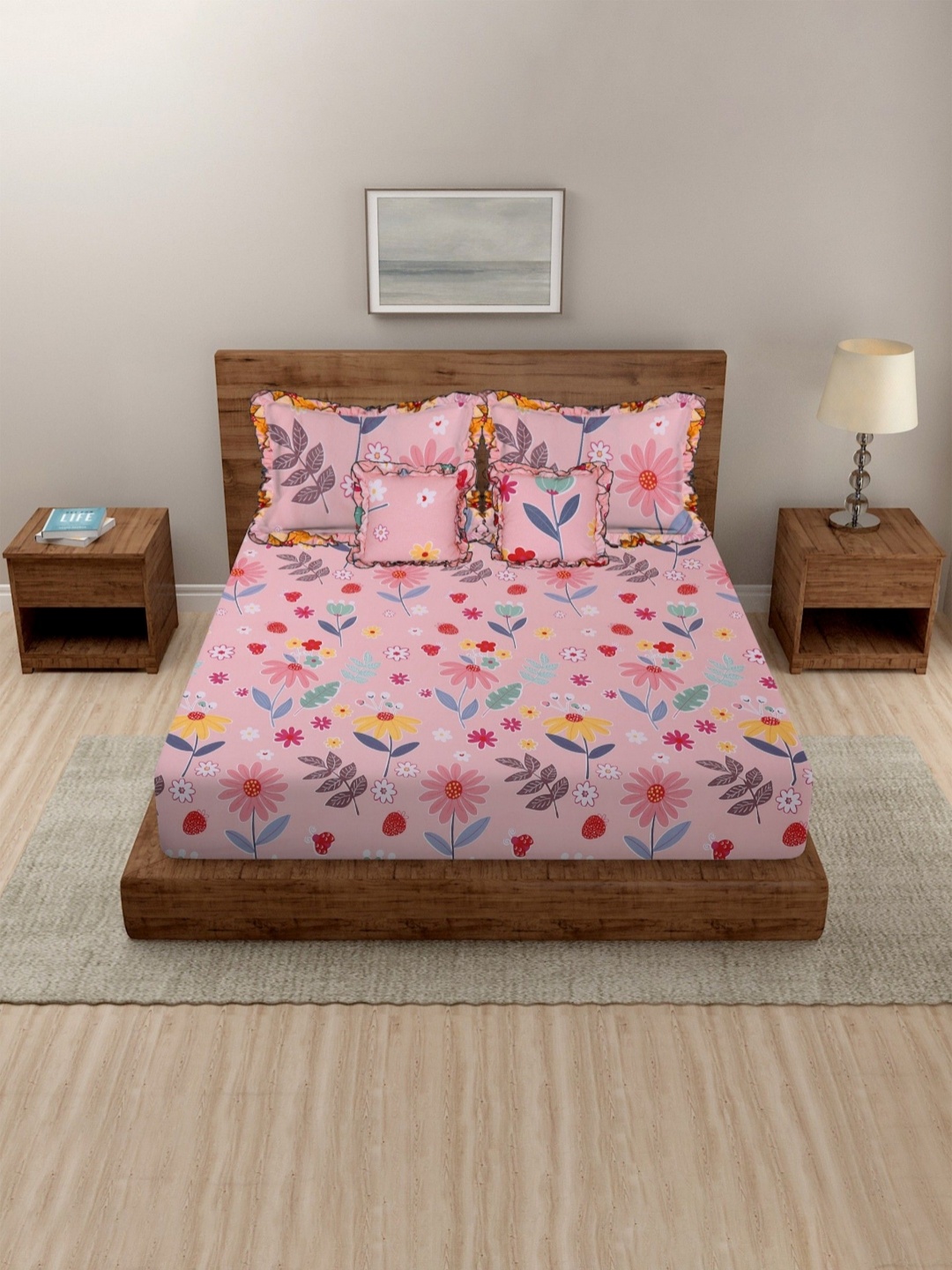 BREVARD Pink & Blue Floral Printed 160 TC Cotton Double Queen Bedsheet & 4 Pillow Covers
BREVARD Pink & Blue Floral Printed 160 TC Cotton Double Queen Bedsheet & 4 Pillow Covers