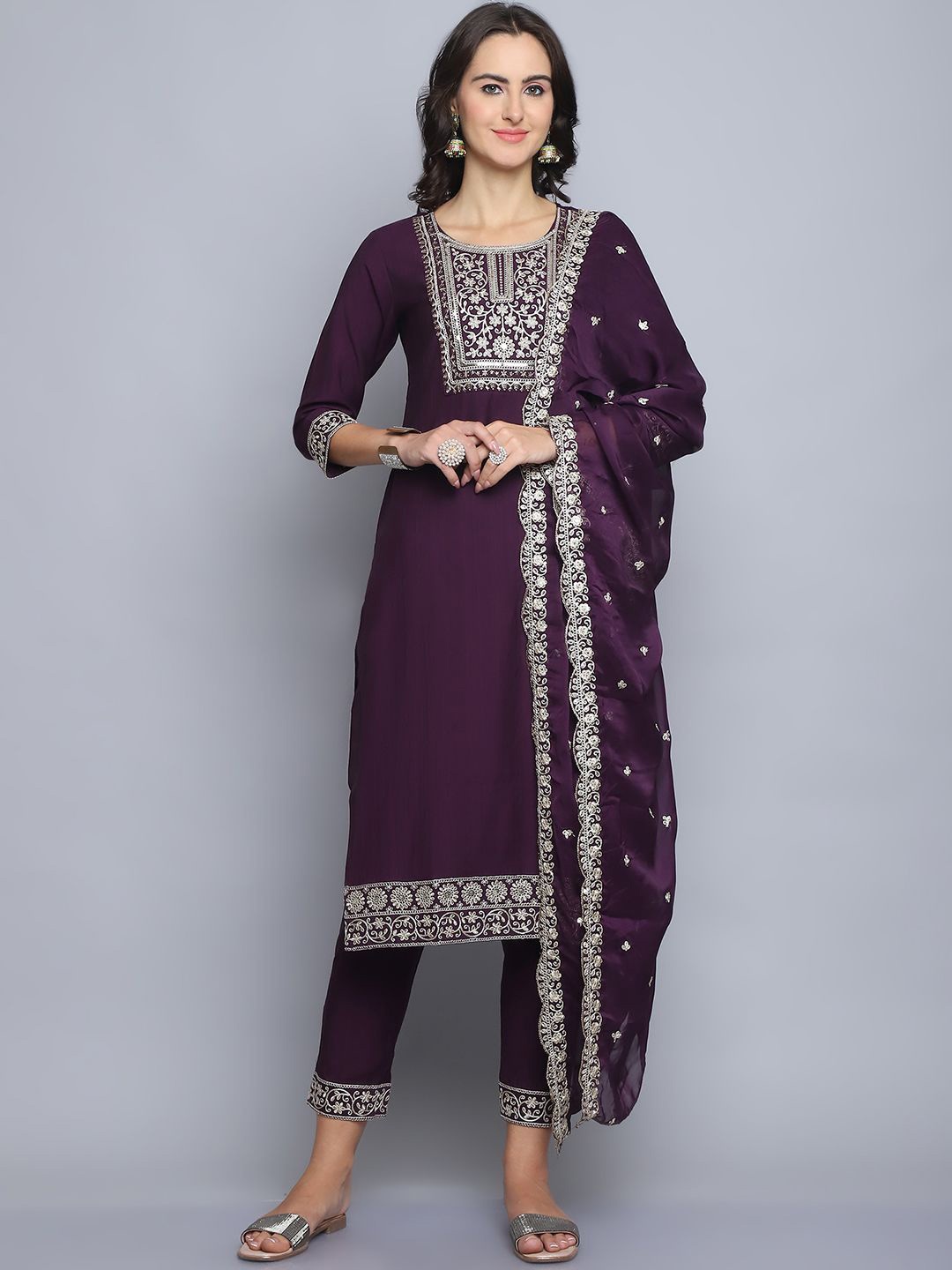 KALINI Ethnic Motifs Embroidered Thread Work Pure Silk Straight Kurta Trousers & Dupatta, Maroon
KALINI Ethnic Motifs Embroidered Thread Work Pure Silk Straight Kurta Trousers & Dupatta, Maroon