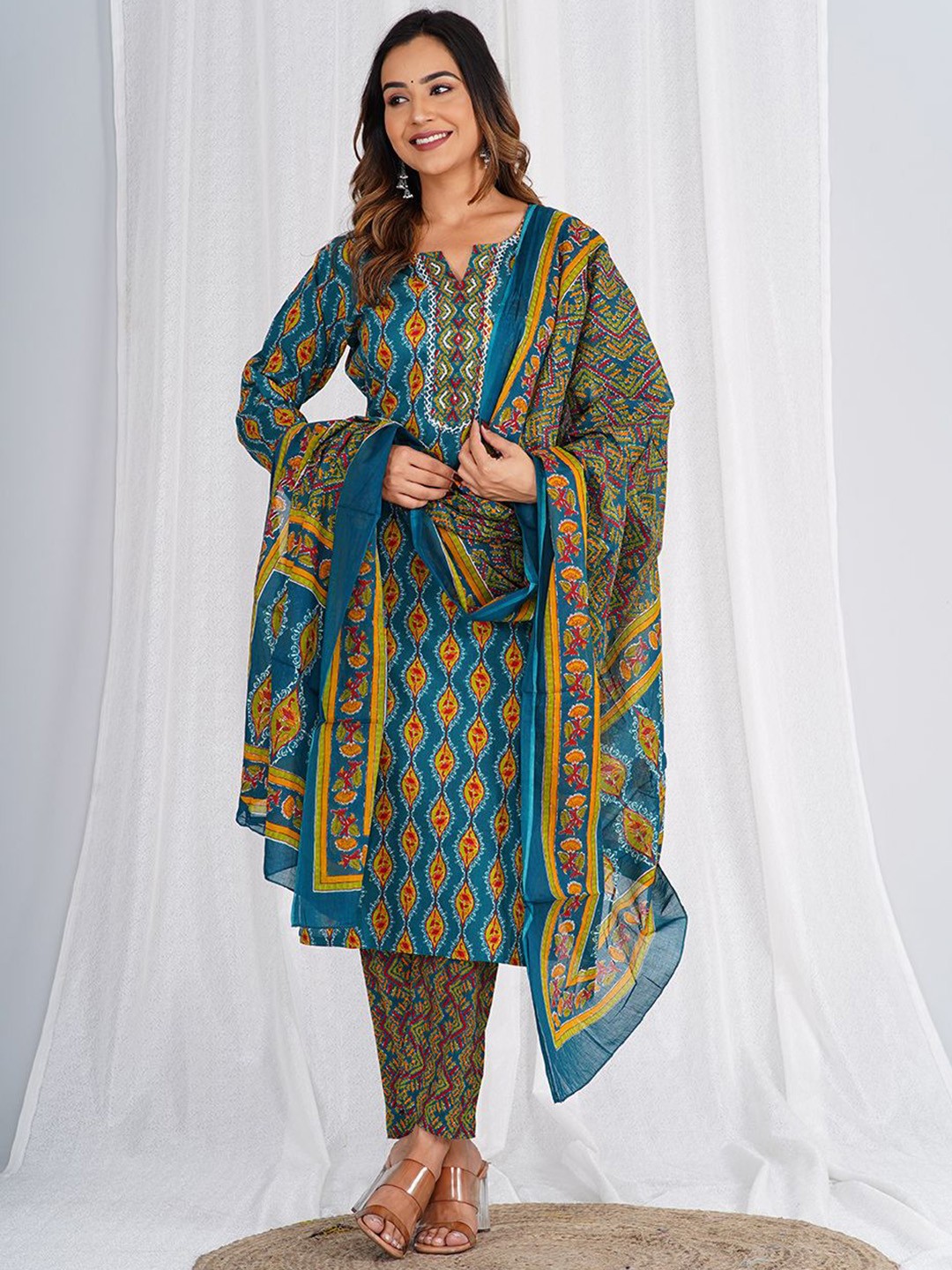 KALINI Ethnic Motifs Printed Pure Cotton Kurta with Trousers & Dupatta, Turquoise blue
KALINI Ethnic Motifs Printed Pure Cotton Kurta with Trousers & Dupatta, Turquoise blue