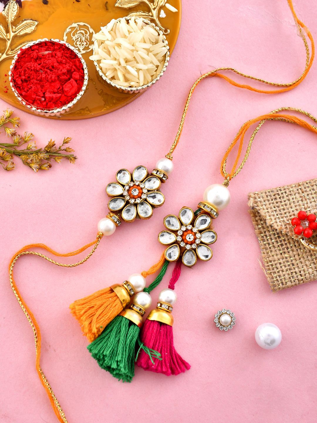 Aapno Rajasthan Set of 2 Beaded Bhaiya Bhabhi Rakhi With Pooja Thai And Roli Chawal, Gold
Aapno Rajasthan Set of 2 Beaded Bhaiya Bhabhi Rakhi With Pooja Thai And Roli Chawal, Gold