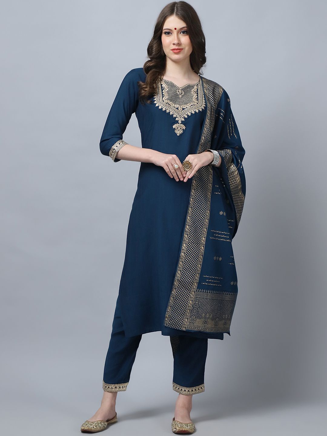 KALINI Ethnic Motifs Embroidered Pure Silk Straight Kurta with Trousers & Dupatta, Navy blue
KALINI Ethnic Motifs Embroidered Pure Silk Straight Kurta with Trousers & Dupatta, Navy blue