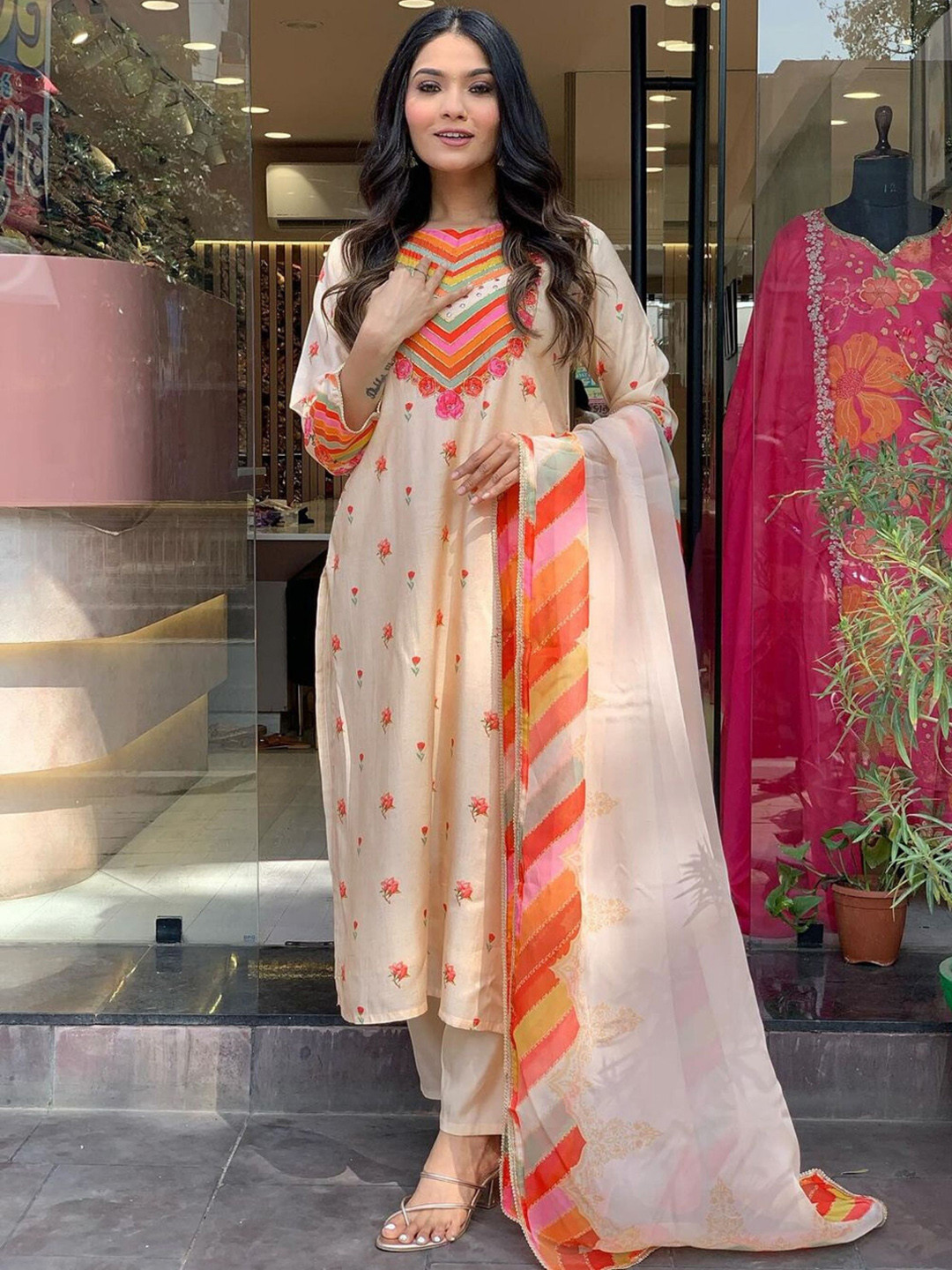 KALINI Floral Printed Mirror Work Pure Cotton Straight Kurta With Trousers & With Dupatta, Cream
KALINI Floral Printed Mirror Work Pure Cotton Straight Kurta With Trousers & With Dupatta, Cream