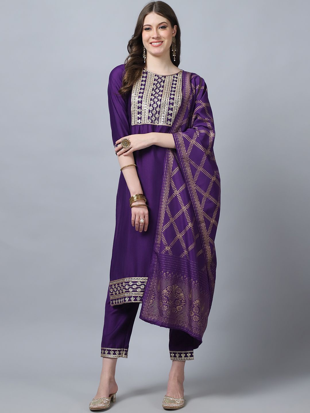 KALINI Floral Yoke Design Thread Work Pure Silk Kurta with Trousers & Dupatta, Purple
KALINI Floral Yoke Design Thread Work Pure Silk Kurta with Trousers & Dupatta, Purple