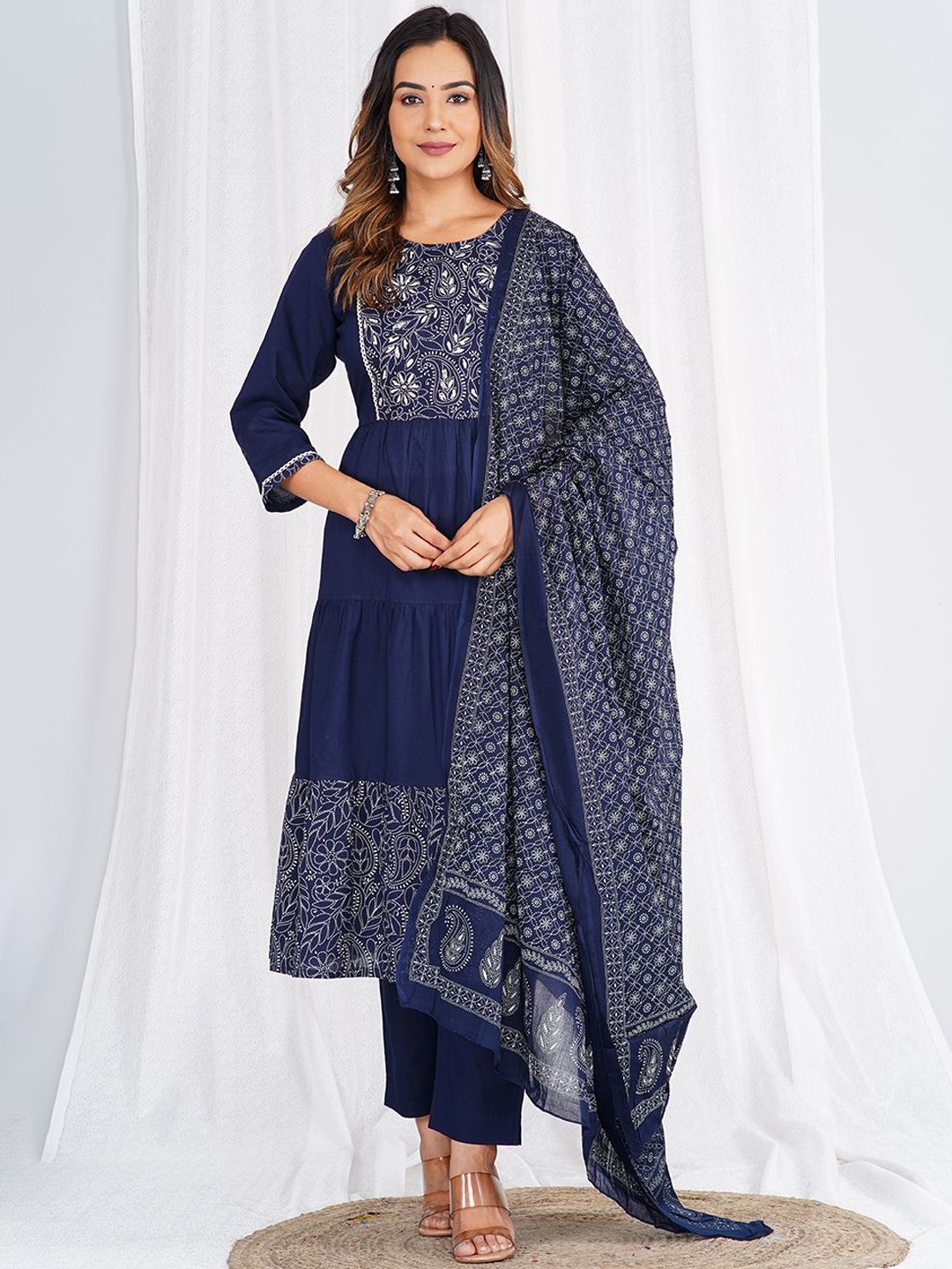 KALINI Ethnic Motifs Printed Pure Cotton Anarkali Kurta with Trousers & Dupatta, Blue
KALINI Ethnic Motifs Printed Pure Cotton Anarkali Kurta with Trousers & Dupatta, Blue