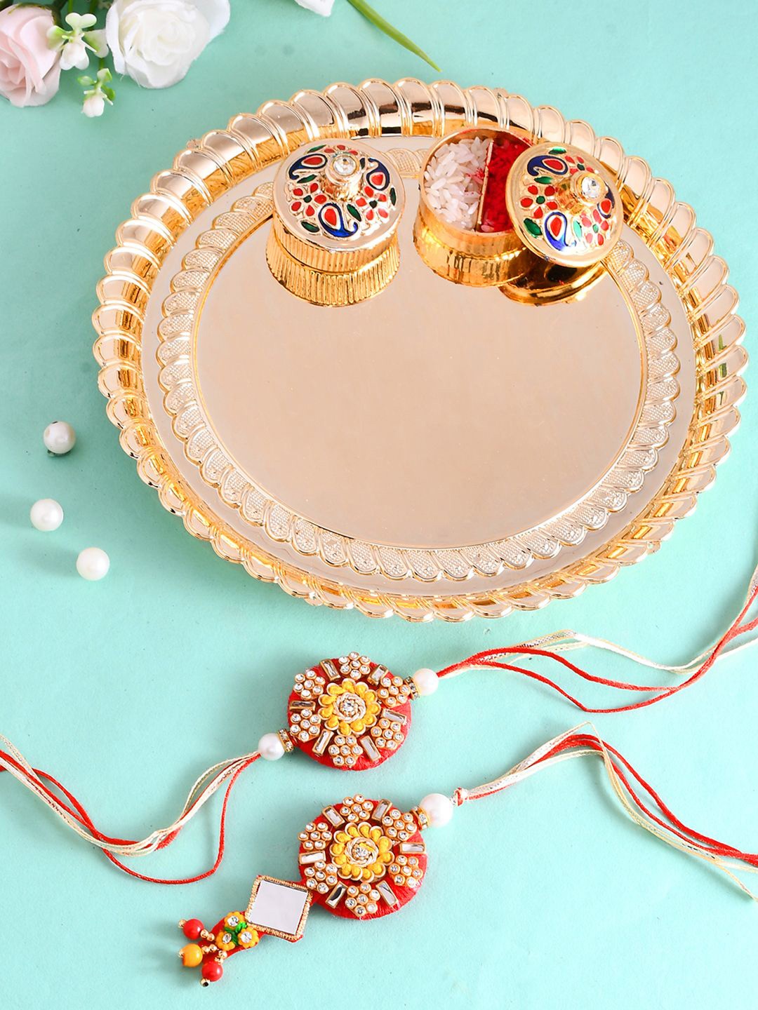 Aapno Rajasthan Set of 2 Beaded Bhaiya Bhabhi Rakhi With Pooja Thai And Roli Chawal, Red
Aapno Rajasthan Set of 2 Beaded Bhaiya Bhabhi Rakhi With Pooja Thai And Roli Chawal, Red