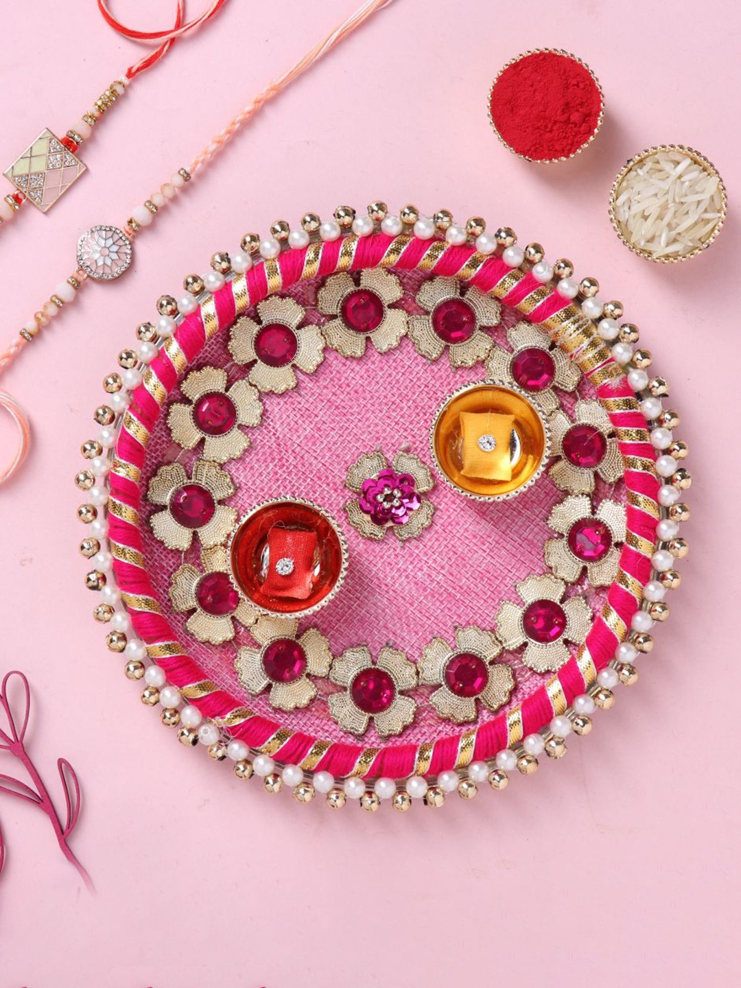 Floweraura Set Of 3 Premium Stone Meenakari Rakhi With Pooja Thali and Roli Chawal, Gold
Floweraura Set Of 3 Premium Stone Meenakari Rakhi With Pooja Thali and Roli Chawal, Gold