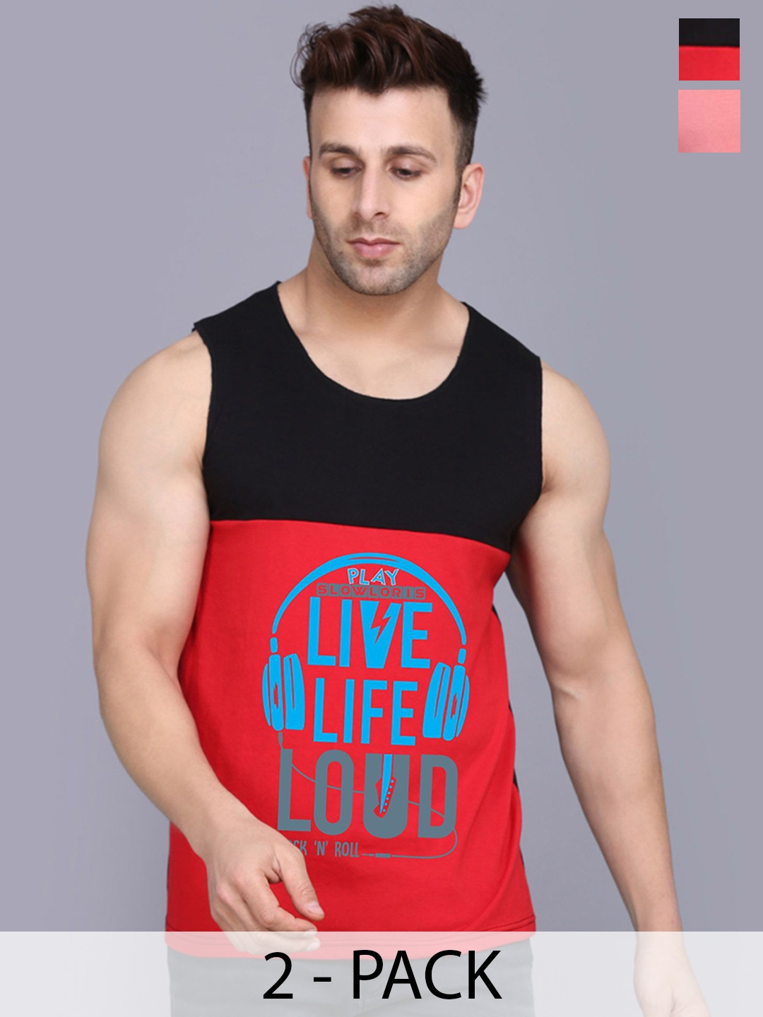 SLOWLORIS Pack Of 2 Printed Gym Innerwear Vests SL26 COMBO (LOUD BLKRED) (NVR PEACH), Black
SLOWLORIS Pack Of 2 Printed Gym Innerwear Vests SL26 COMBO (LOUD BLKRED) (NVR PEACH), Black
