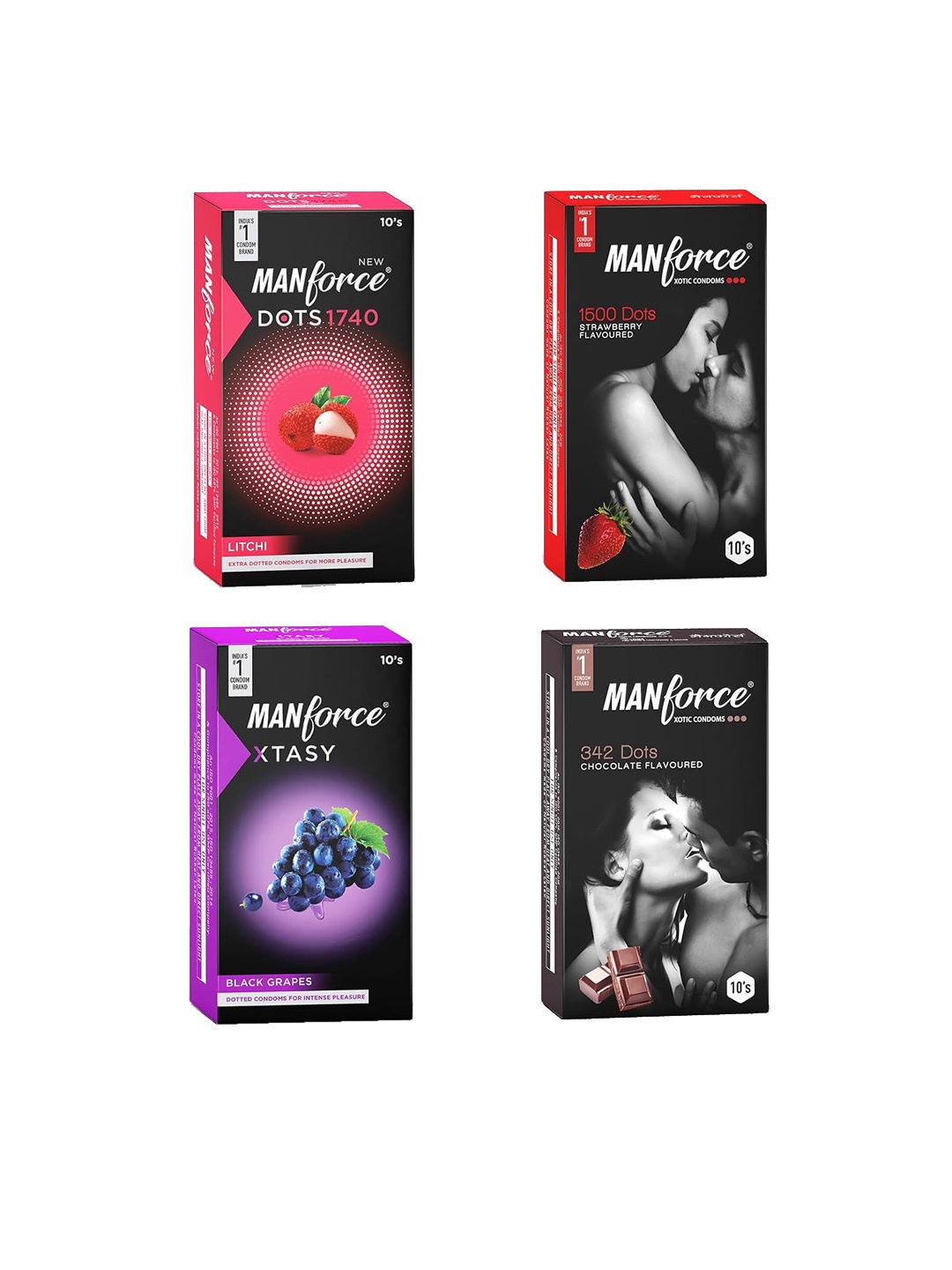Manforce Set Of 4 Chocolate Strawberry Litchi & Black Grapes Flavoured Condoms-10Pcs Each
Manforce Set Of 4 Chocolate Strawberry Litchi & Black Grapes Flavoured Condoms-10Pcs Each