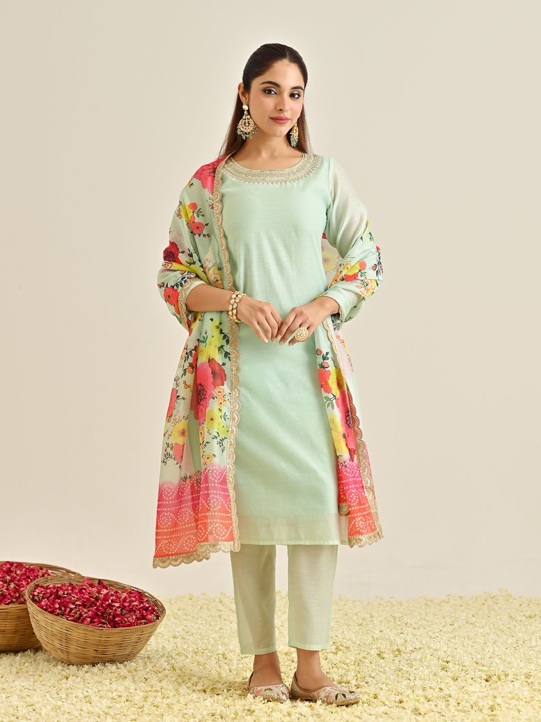 Rustorange Yoke Design Sequinned Pure Chandari Straight Kurta With Trousers & Dupatta, Green
Rustorange Yoke Design Sequinned Pure Chandari Straight Kurta With Trousers & Dupatta, Green