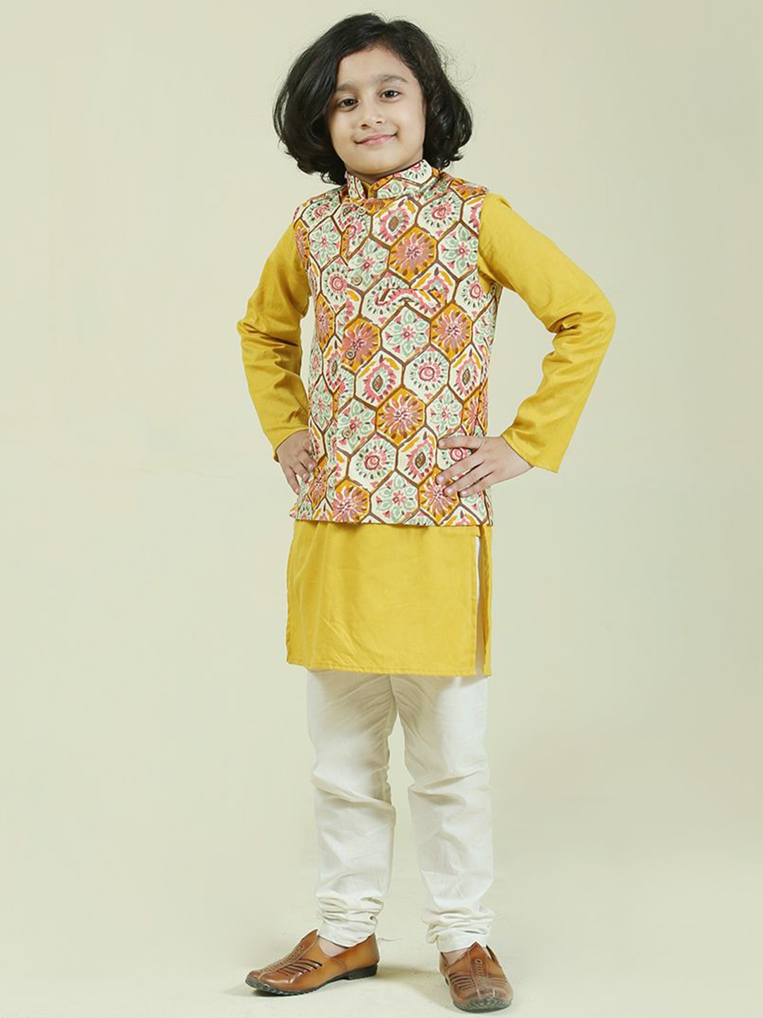 Folk Culture Clothing Boys Mandarin Collar Pure Cotton Kurta with Churidar & Jacket, Yellow
Folk Culture Clothing Boys Mandarin Collar Pure Cotton Kurta with Churidar & Jacket, Yellow