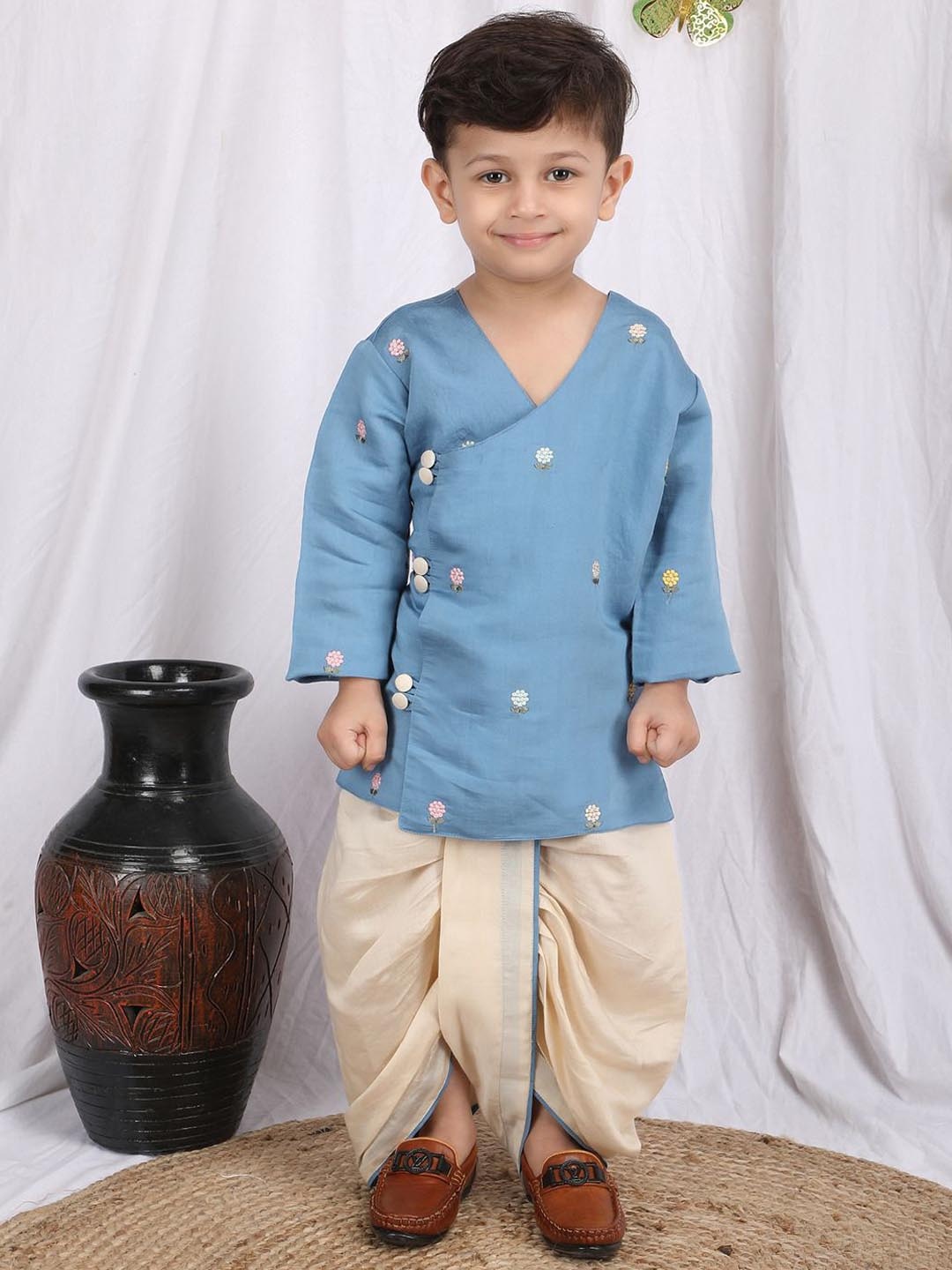 Polka Tots Boys Floral Embroidered Pure Cotton Straight Kurta with Dhoti Pants, Blue
Polka Tots Boys Floral Embroidered Pure Cotton Straight Kurta with Dhoti Pants, Blue