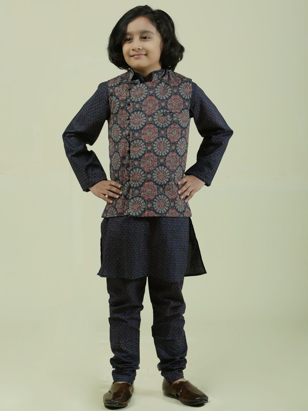 Folk Culture Clothing Boys Printed Pure Cotton Kurta with Churidar With Jacket, Blue
Folk Culture Clothing Boys Printed Pure Cotton Kurta with Churidar With Jacket, Blue