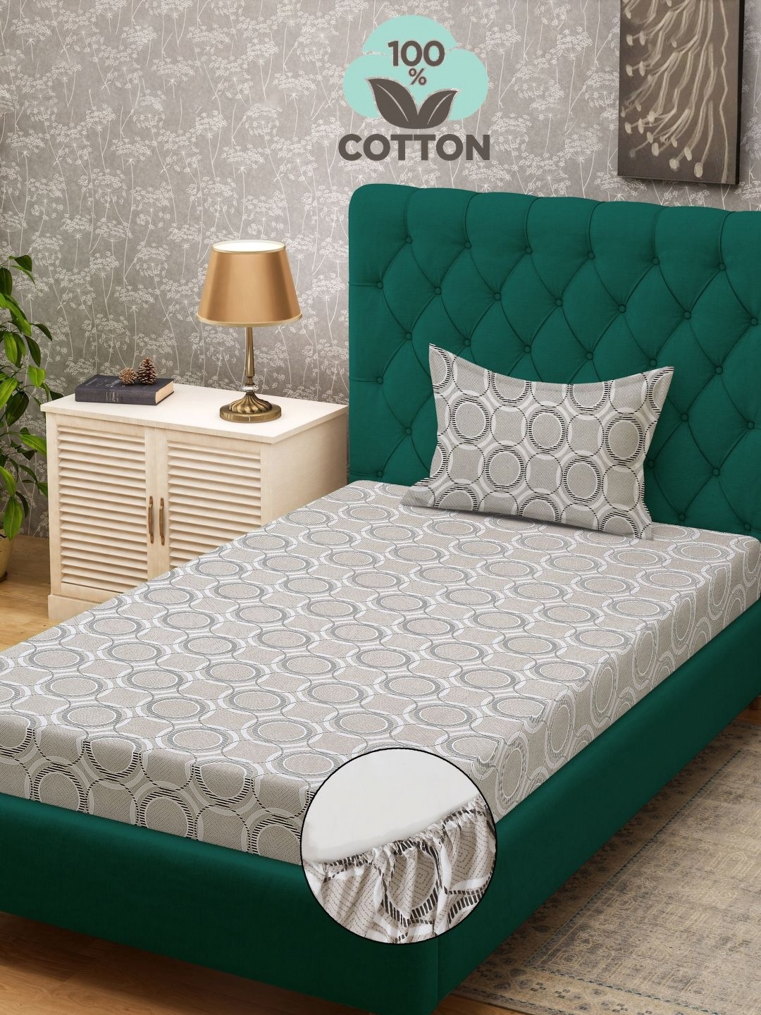 Aura Beige & Green Geometric Printed Fitted 400TC Single Cotton Bedsheet With Pillow Cover
Aura Beige & Green Geometric Printed Fitted 400TC Single Cotton Bedsheet With Pillow Cover