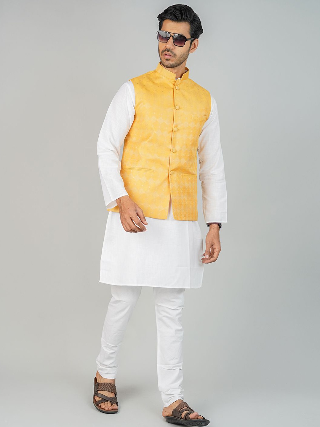 Wintage Mandarin Collar Cotton Silk Straight Kurta with Pyjamas & Nehru Jacket, White
Wintage Mandarin Collar Cotton Silk Straight Kurta with Pyjamas & Nehru Jacket, White